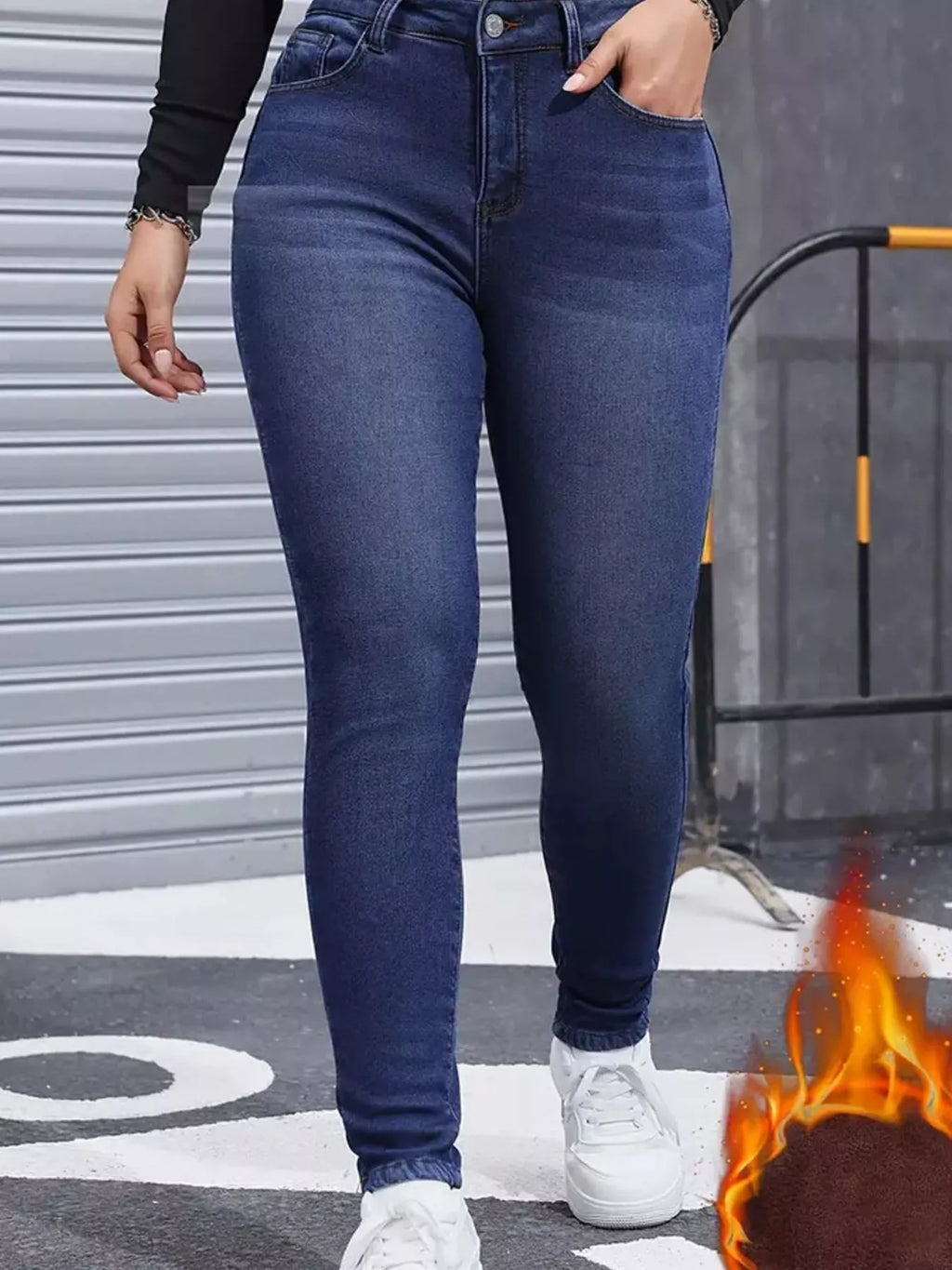Willa Fleece-Lined Skinny Jeans in Blue, on model