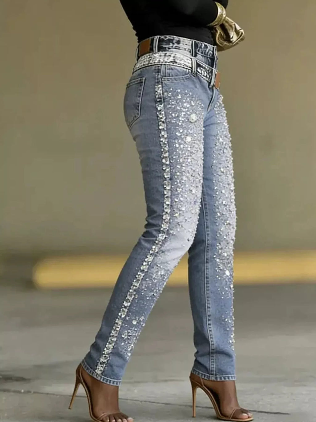 Jolie Rhinestone Slim Jeans in Light Blue, on model
