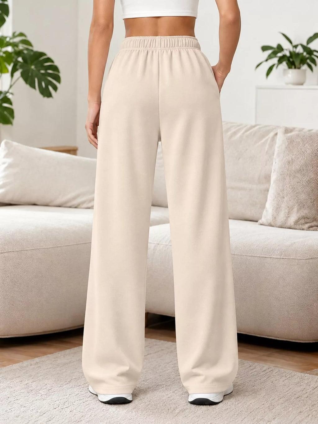 Odessa Drawstring Wide-Leg Sweatpants in Apricot, on model