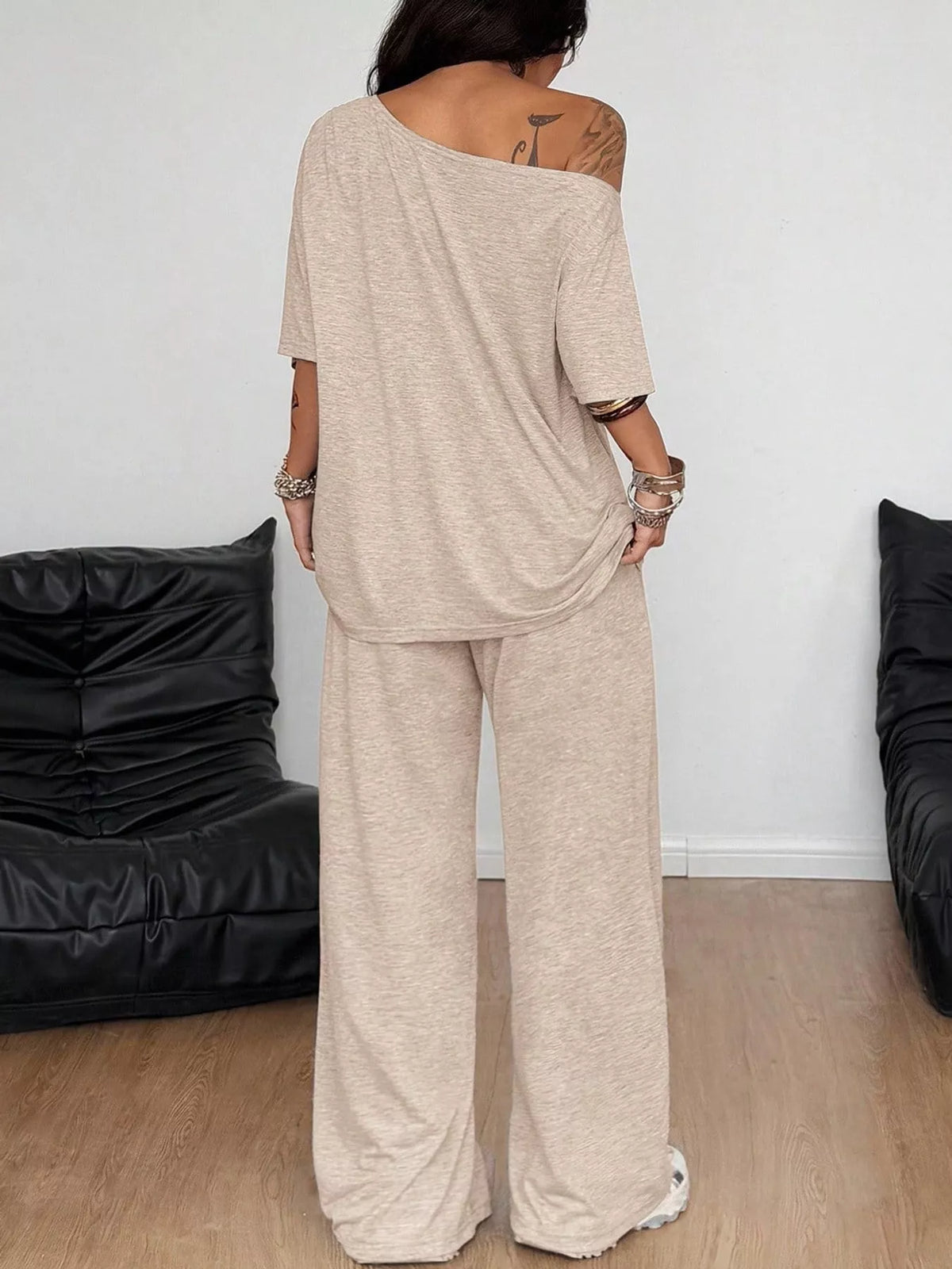 Linnea Off-Shoulder Top + Wide-Leg Pants Set, on model