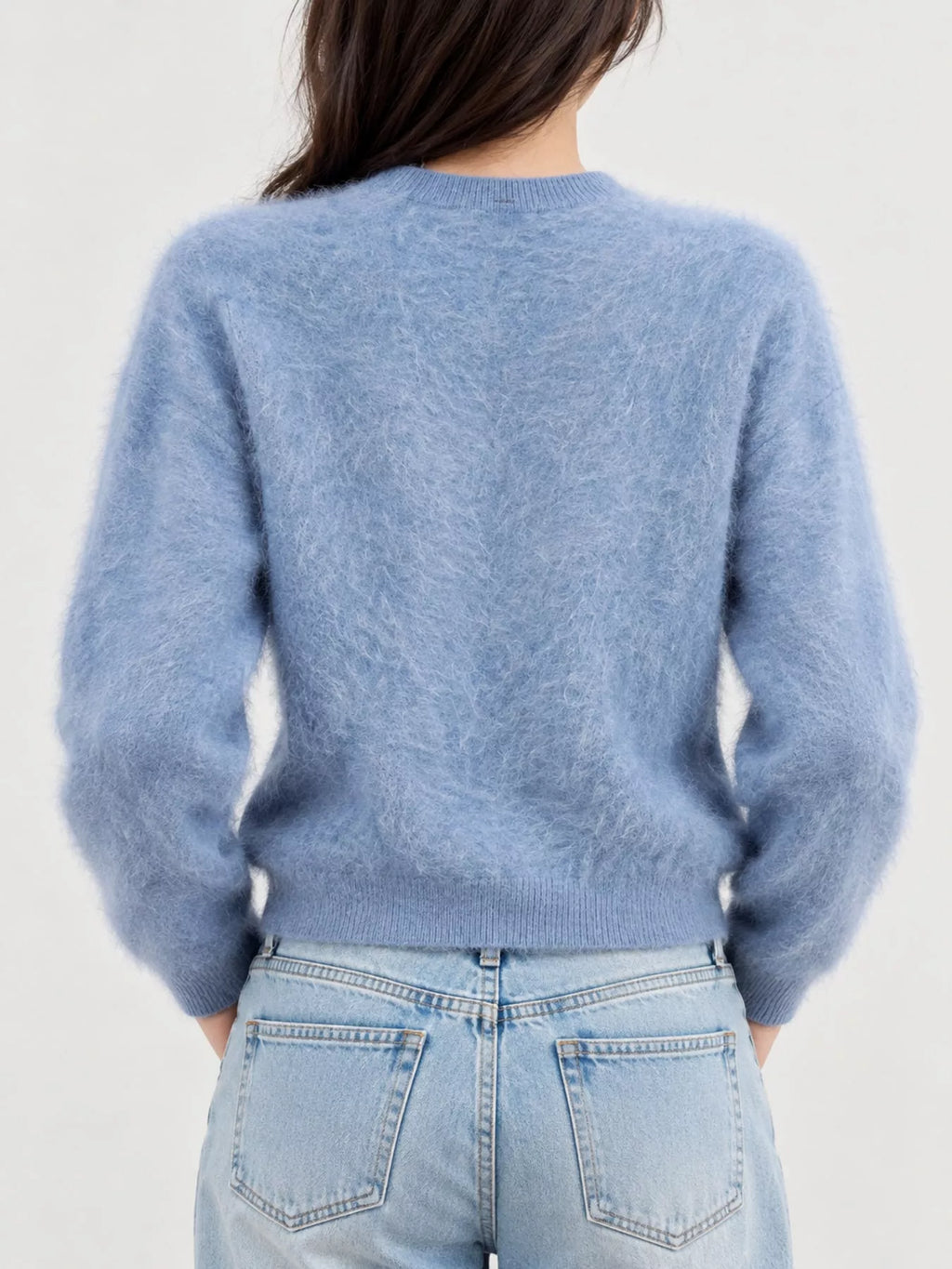 Flora Fuzzy Cropped Button Cardigan in Blue, on model