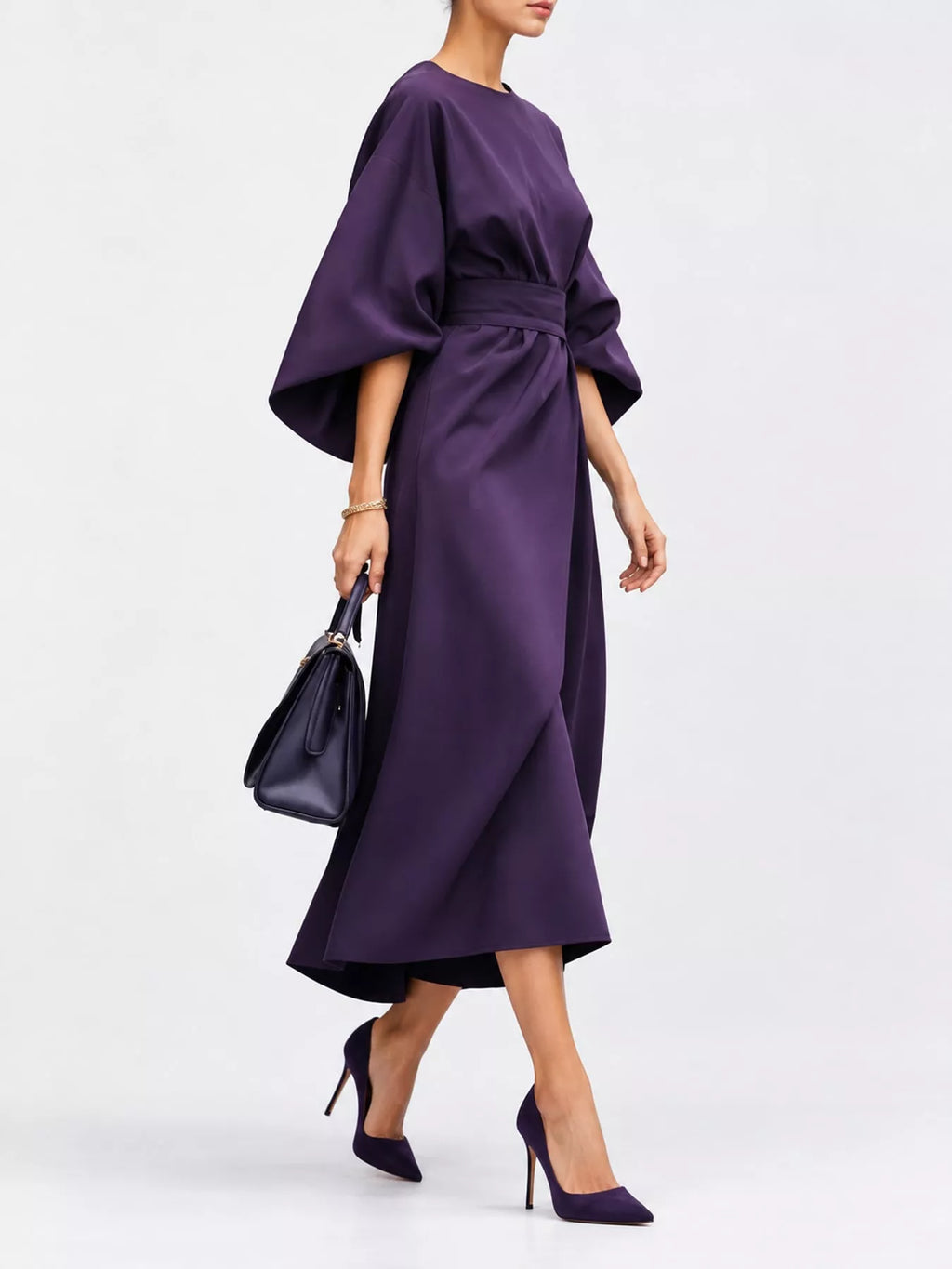 Bettina Kimono-Sleeve Wrap Midi Dress in Purple, on model