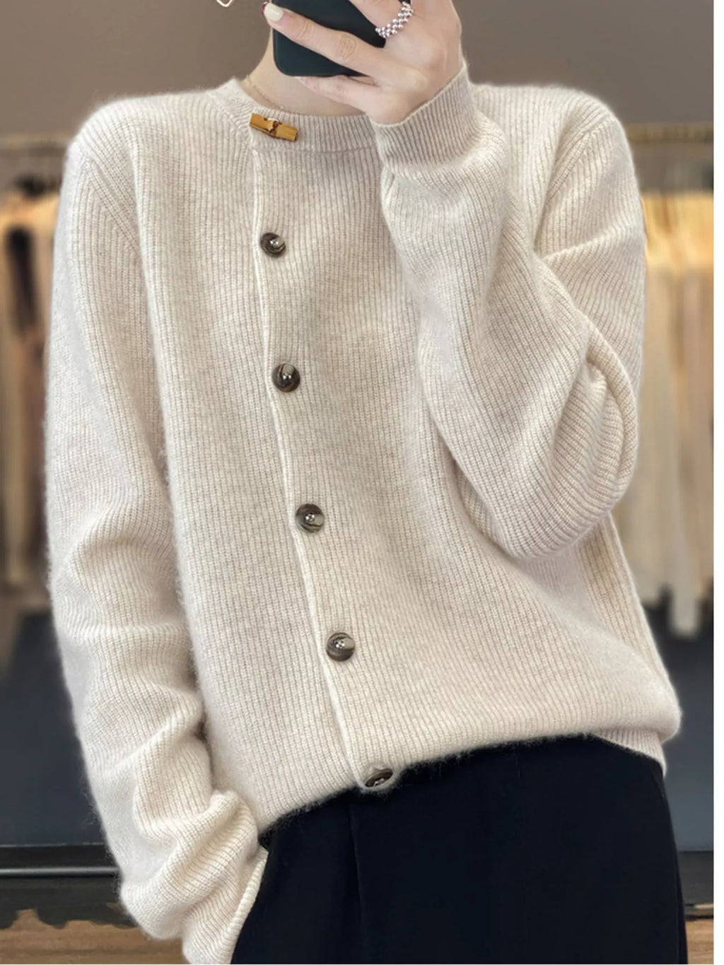 Nell Asymmetric Button Ribbed Cardigan in Pearl Barley, on model