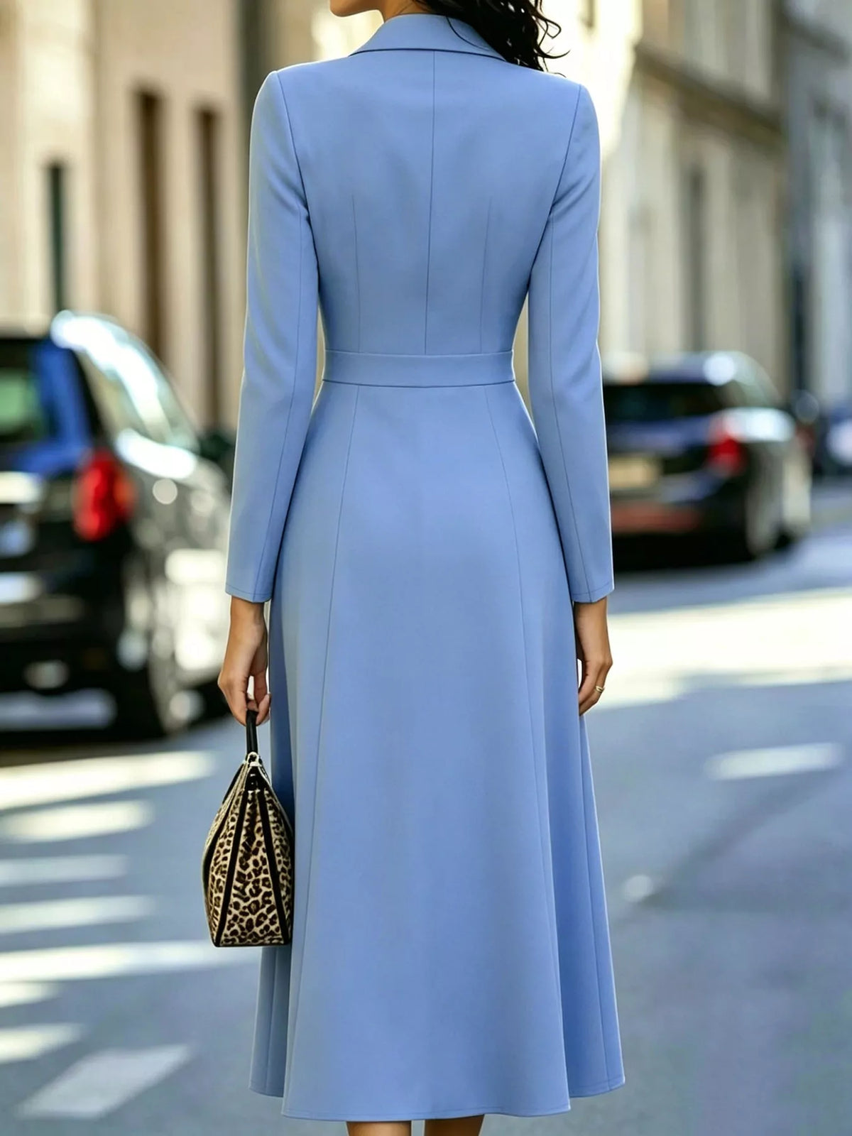 Solenne Double-Breasted Coat Midi Dress in Sky Blue, on model