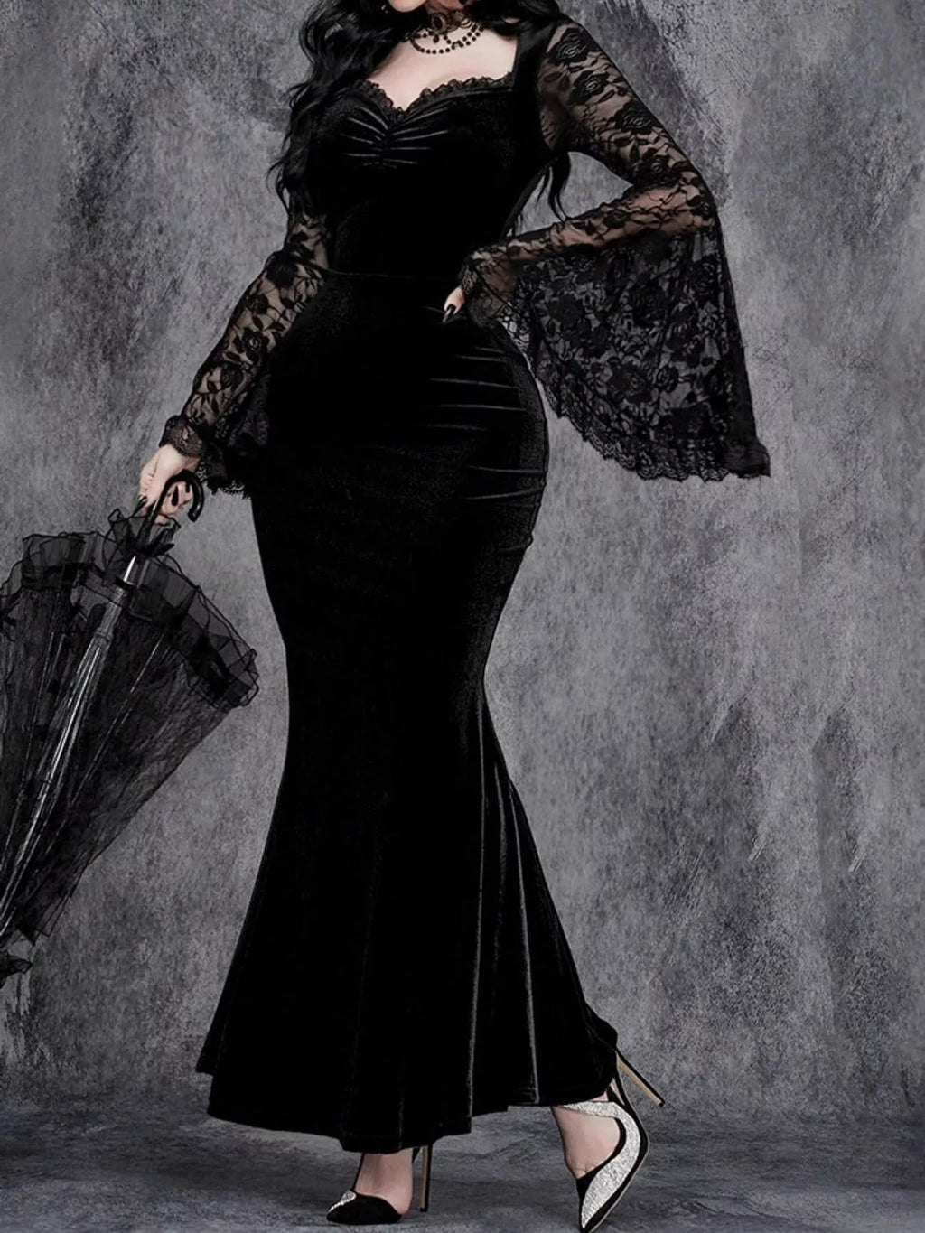 Romilly Velvet Lace Bell-Sleeve Mermaid Maxi Dress in Black, on model