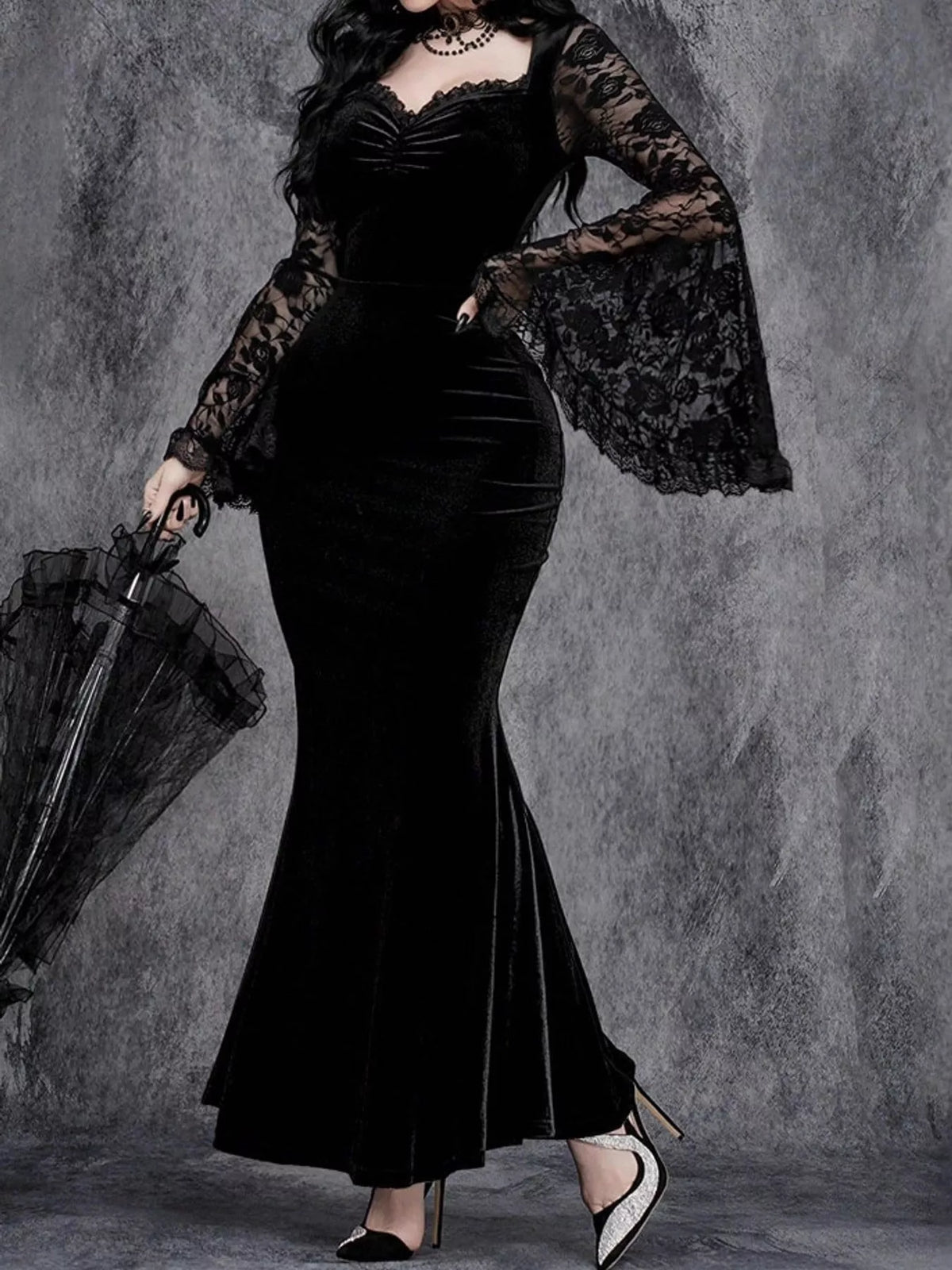 Romilly Velvet Lace Bell-Sleeve Mermaid Maxi Dress in Black, on model