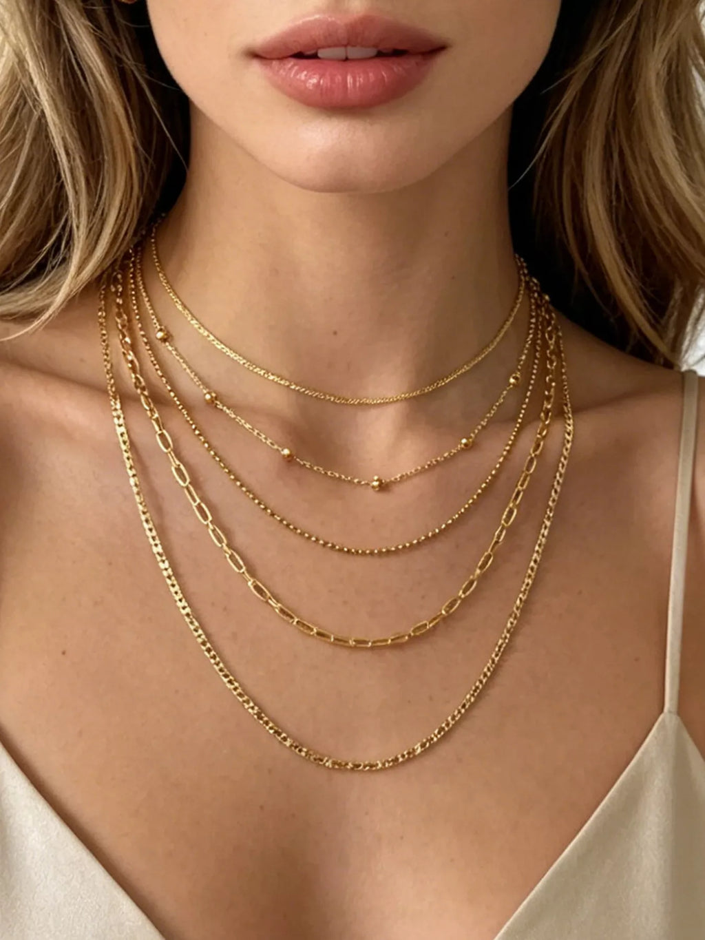 Lune Five-Layer Gold Chain Necklace, worn on model