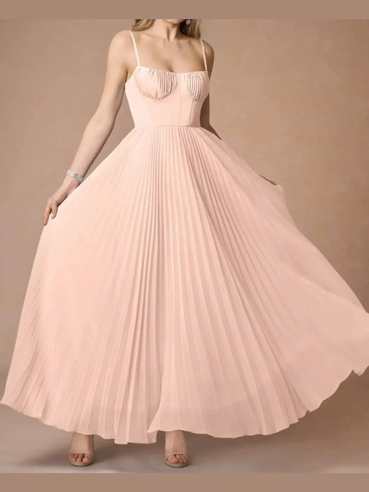 Saoirse Pleated Sweetheart Midi Dress in Pink, on model