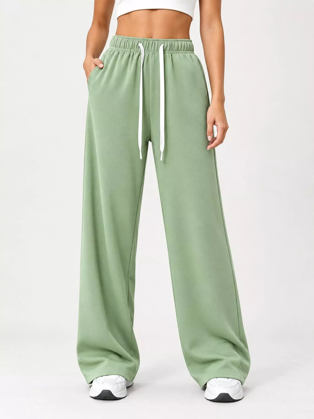 Odessa Drawstring Wide-Leg Sweatpants in Light Green, on model