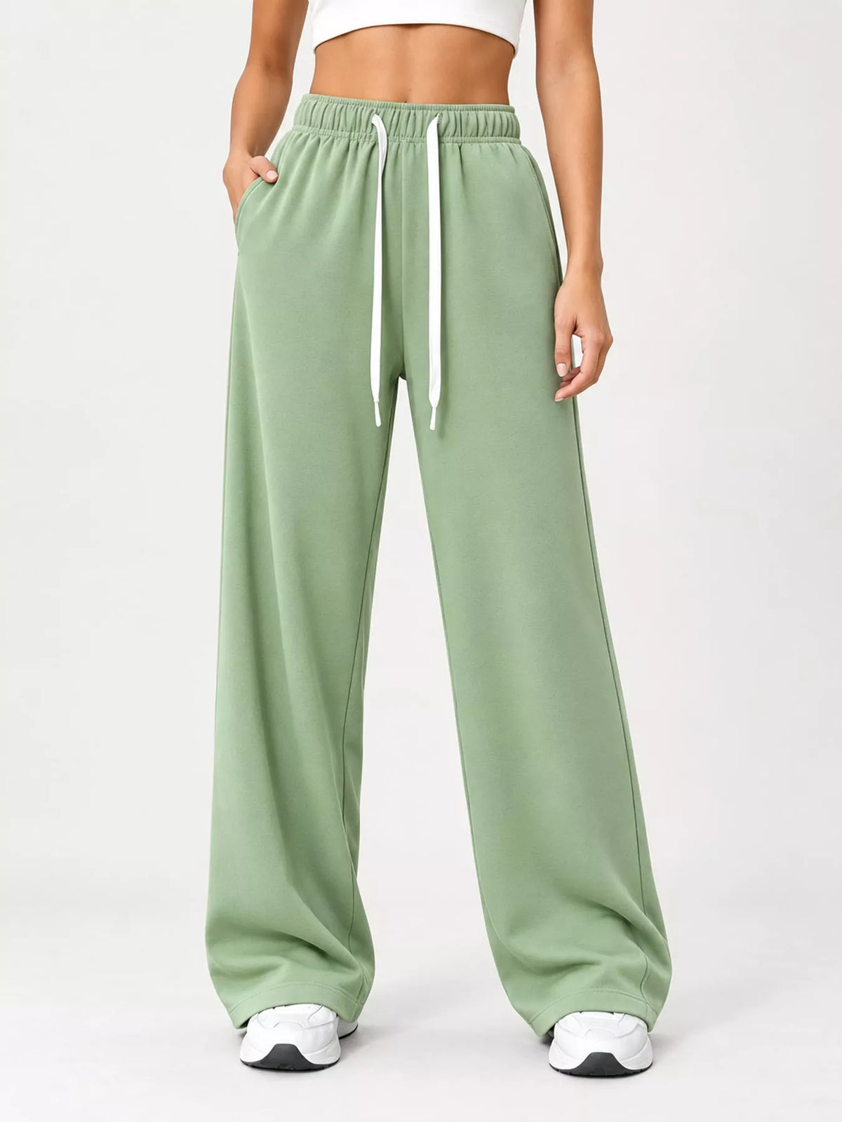 Odessa Drawstring Wide-Leg Sweatpants in Light Green, on model