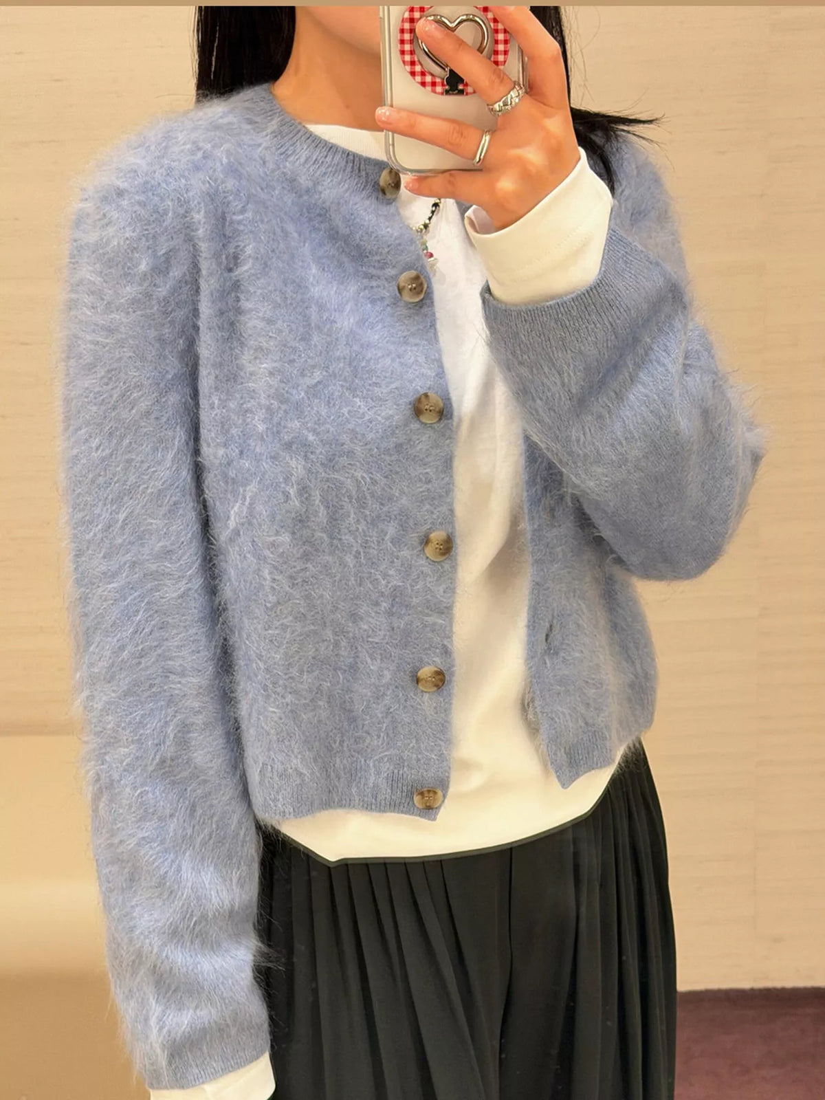 Flora Fuzzy Cropped Button Cardigan in Blue, on model