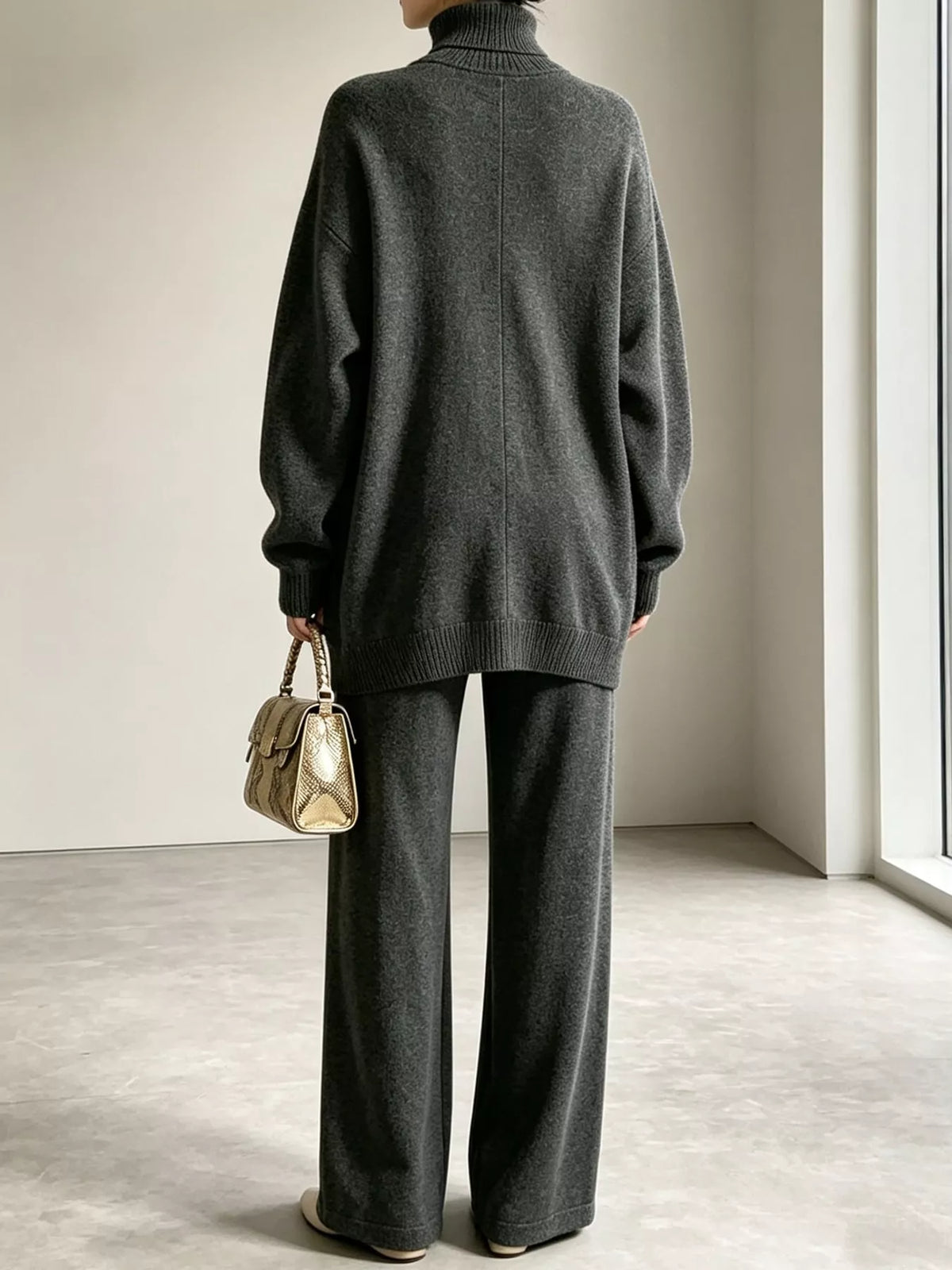 Tove Turtleneck Sweater Tunic + Pants Set in Dark Gray, on model