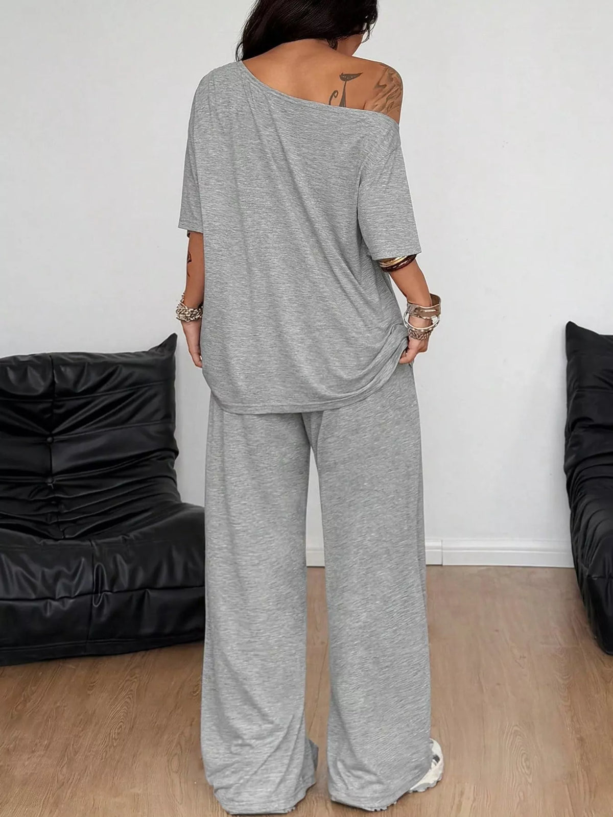Linnea Off-Shoulder Top + Wide-Leg Pants Set in Light Gray, on model