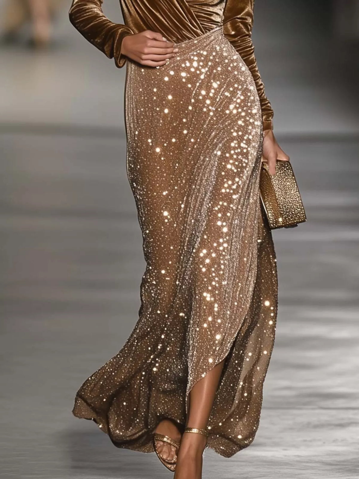 Lorelei Camel Velvet Top + Sequin Skirt Set, on model