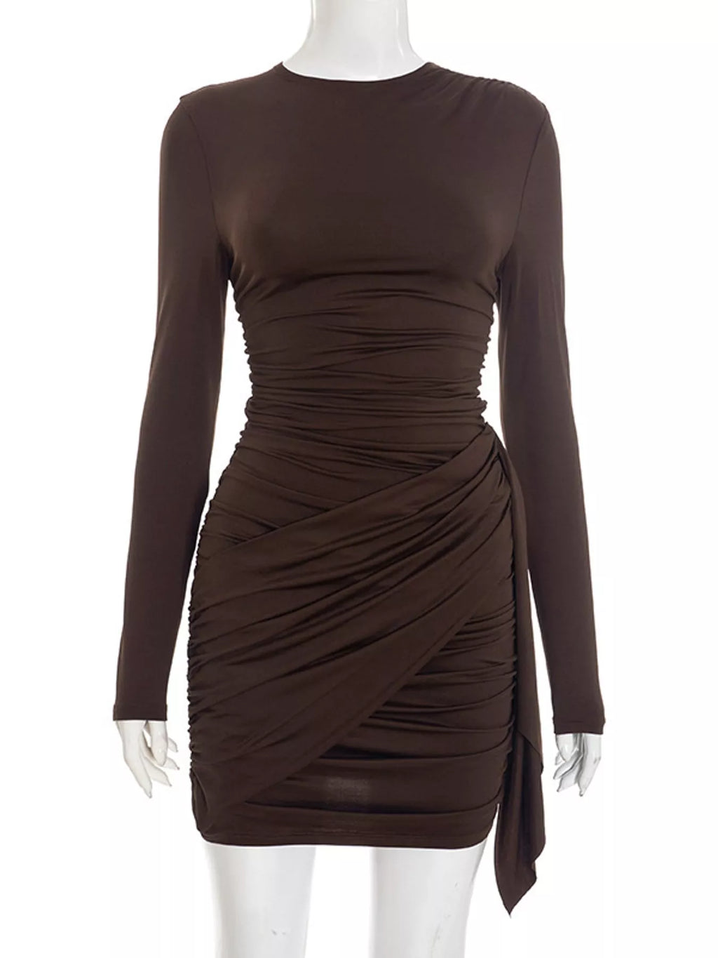 Sloane Ruched Long-Sleeve Mini Dress in Brown, on model