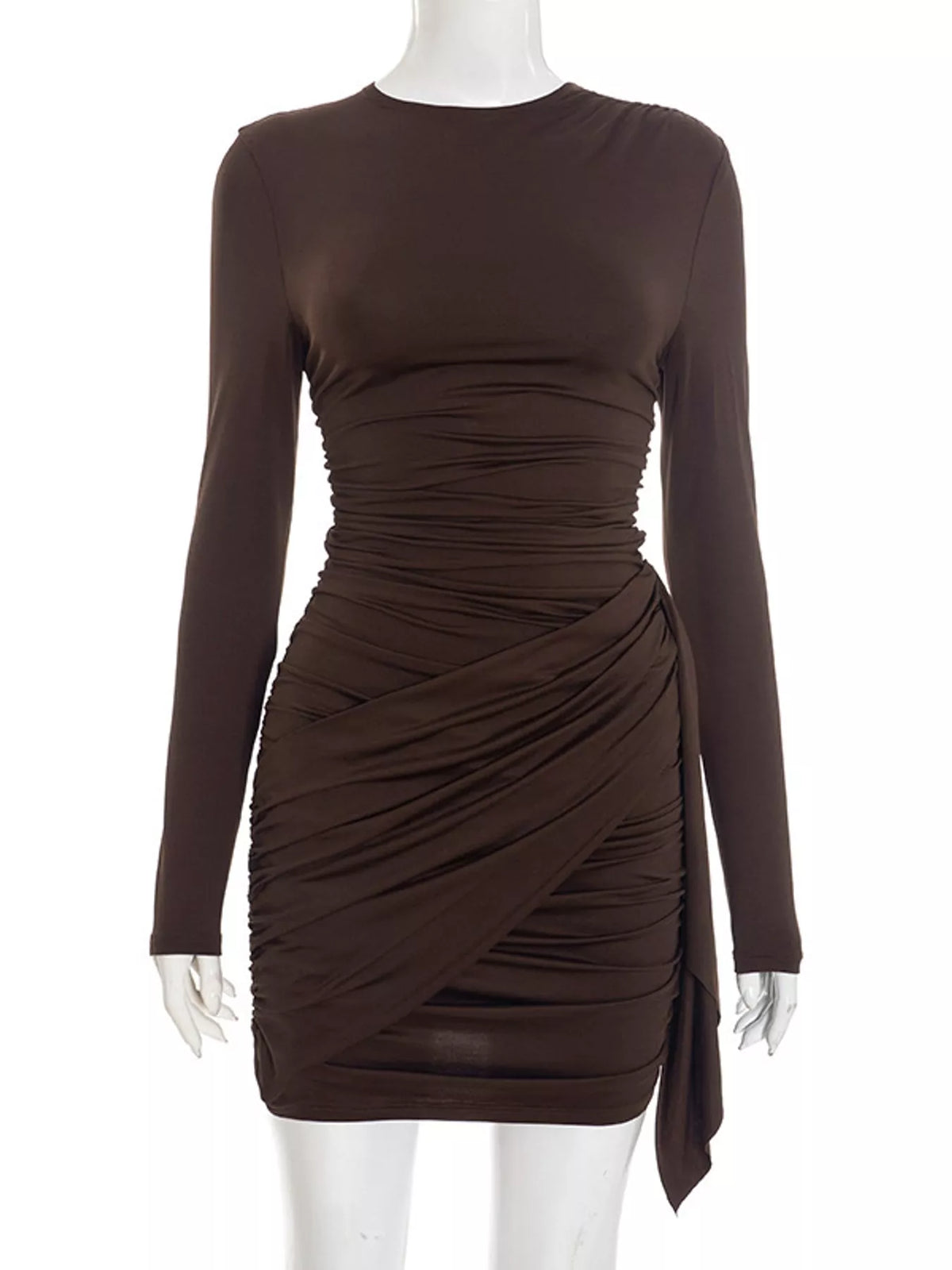 Sloane Ruched Long-Sleeve Mini Dress in Brown, on model