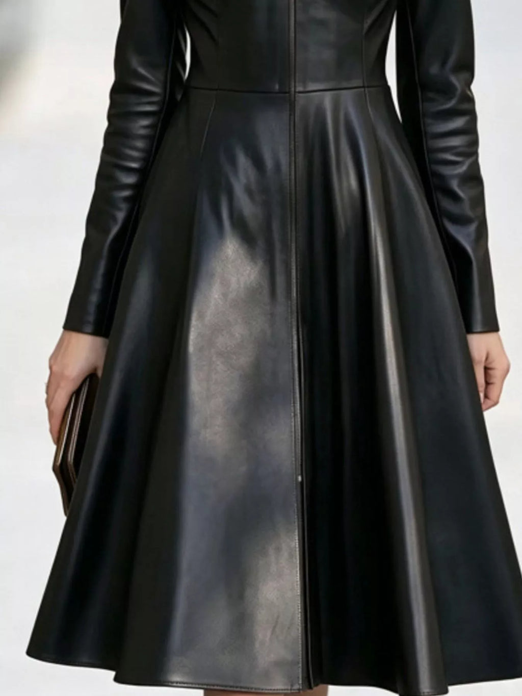 Tamsin Faux Leather Zip-Front Midi Dress in Black, on model