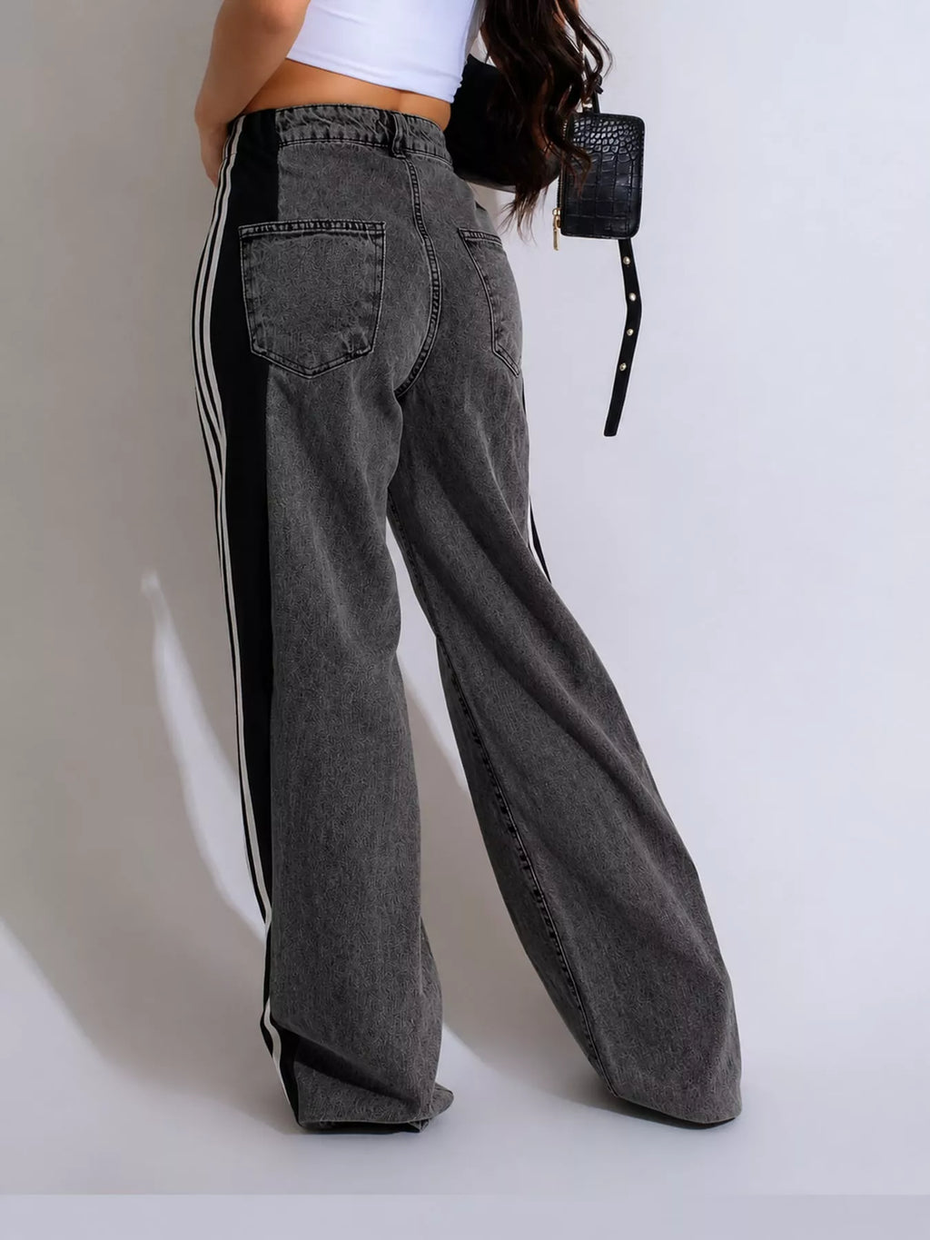 Zoe Side-Stripe Wide-Leg Jeans in White, on model