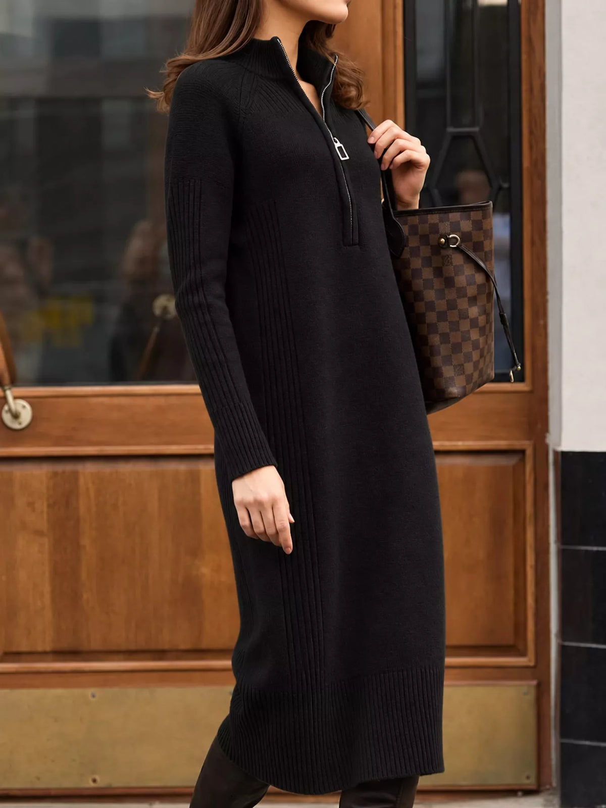 Annelise Half-Zip Ribbed Sweater Maxi Dress in Black, on model
