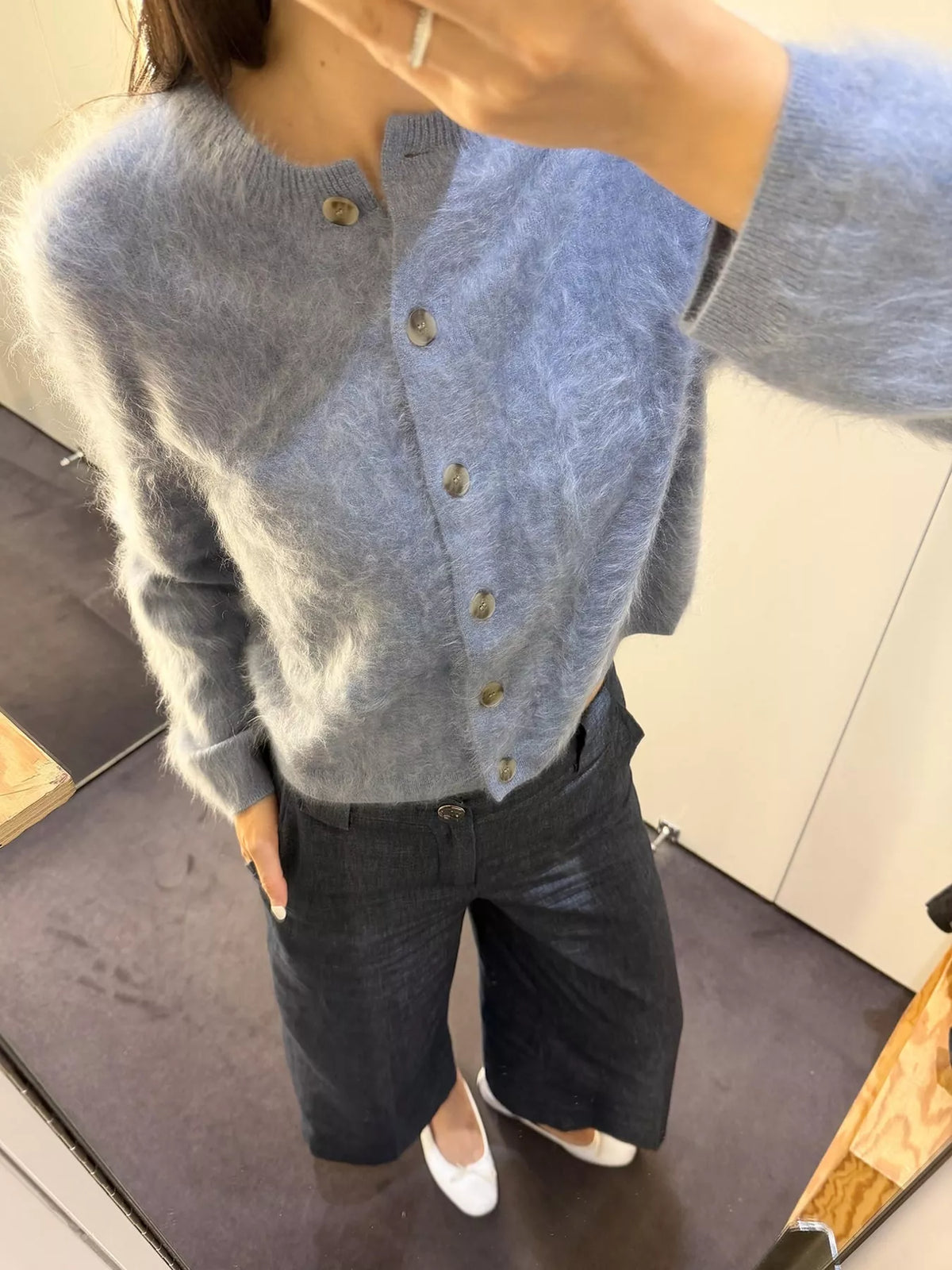 Flora Fuzzy Cropped Button Cardigan in Blue, on model