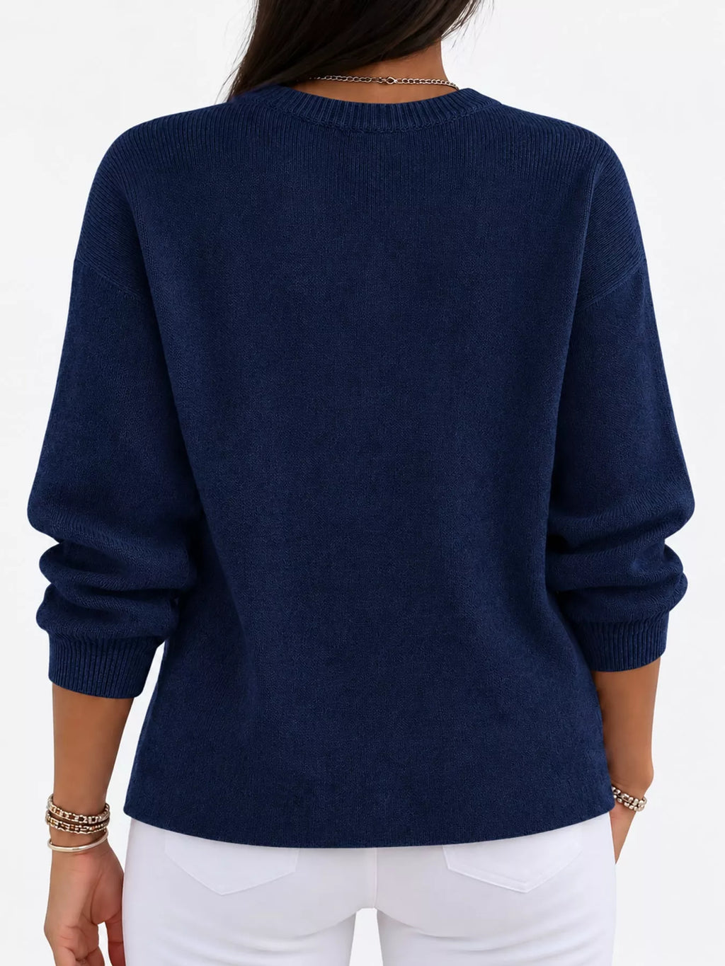 Corinne Classic Crew-Neck Sweater in Dark Blue, on model