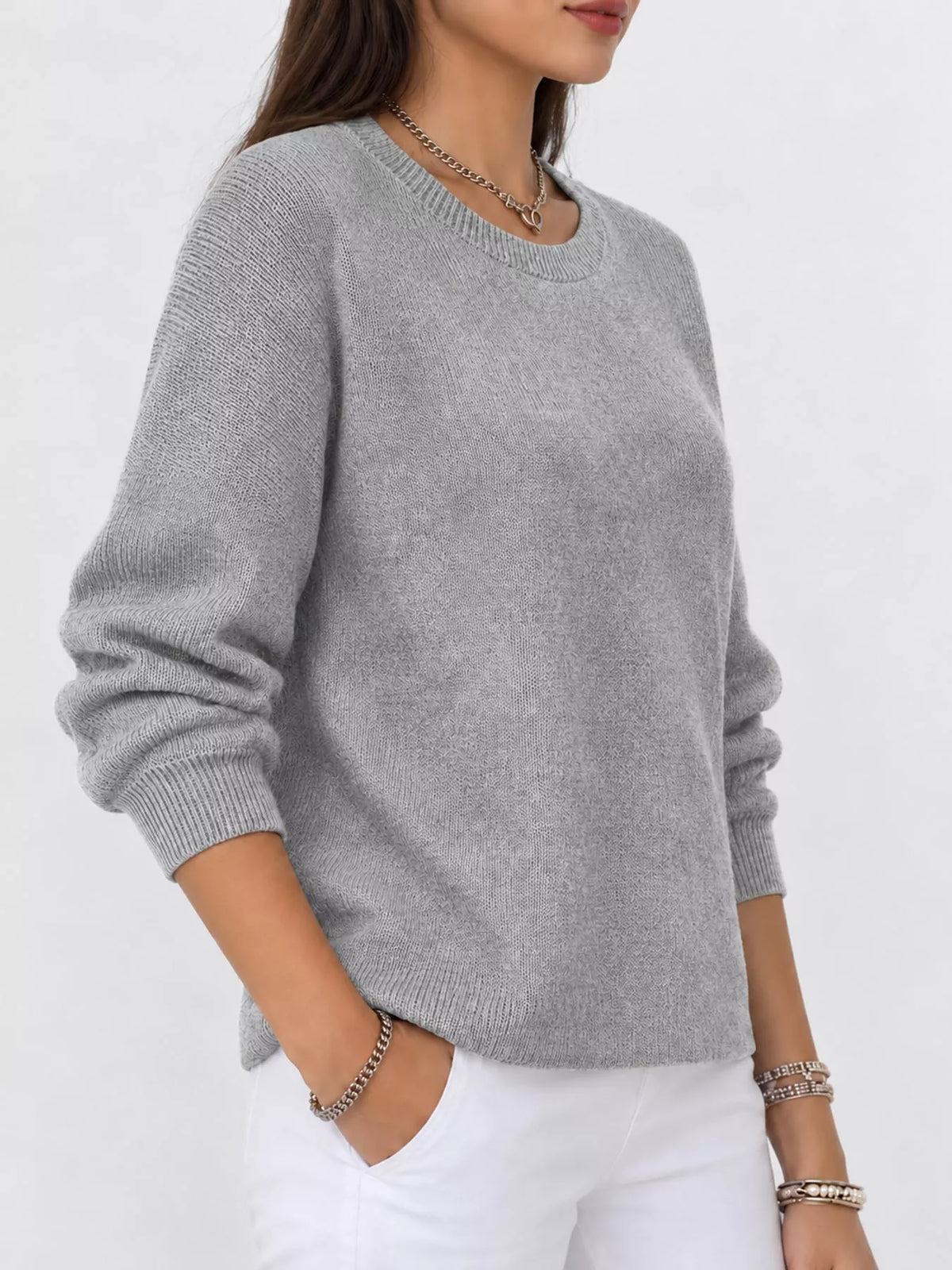 Corinne Classic Crew-Neck Sweater in Gray, on model