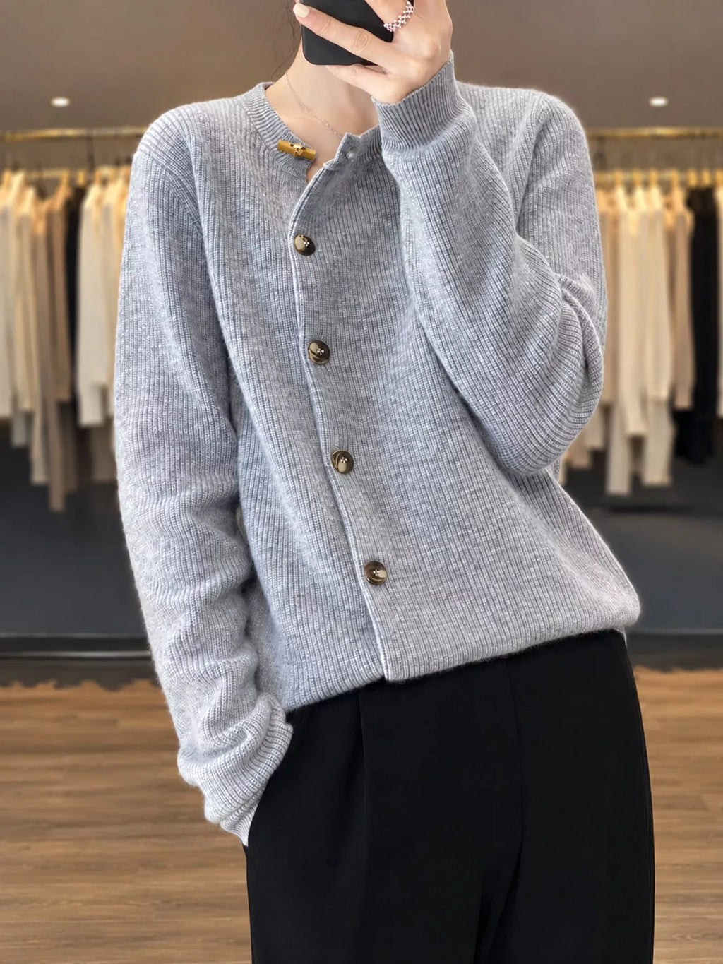 Nell Asymmetric Button Ribbed Cardigan in Light Gray, on model