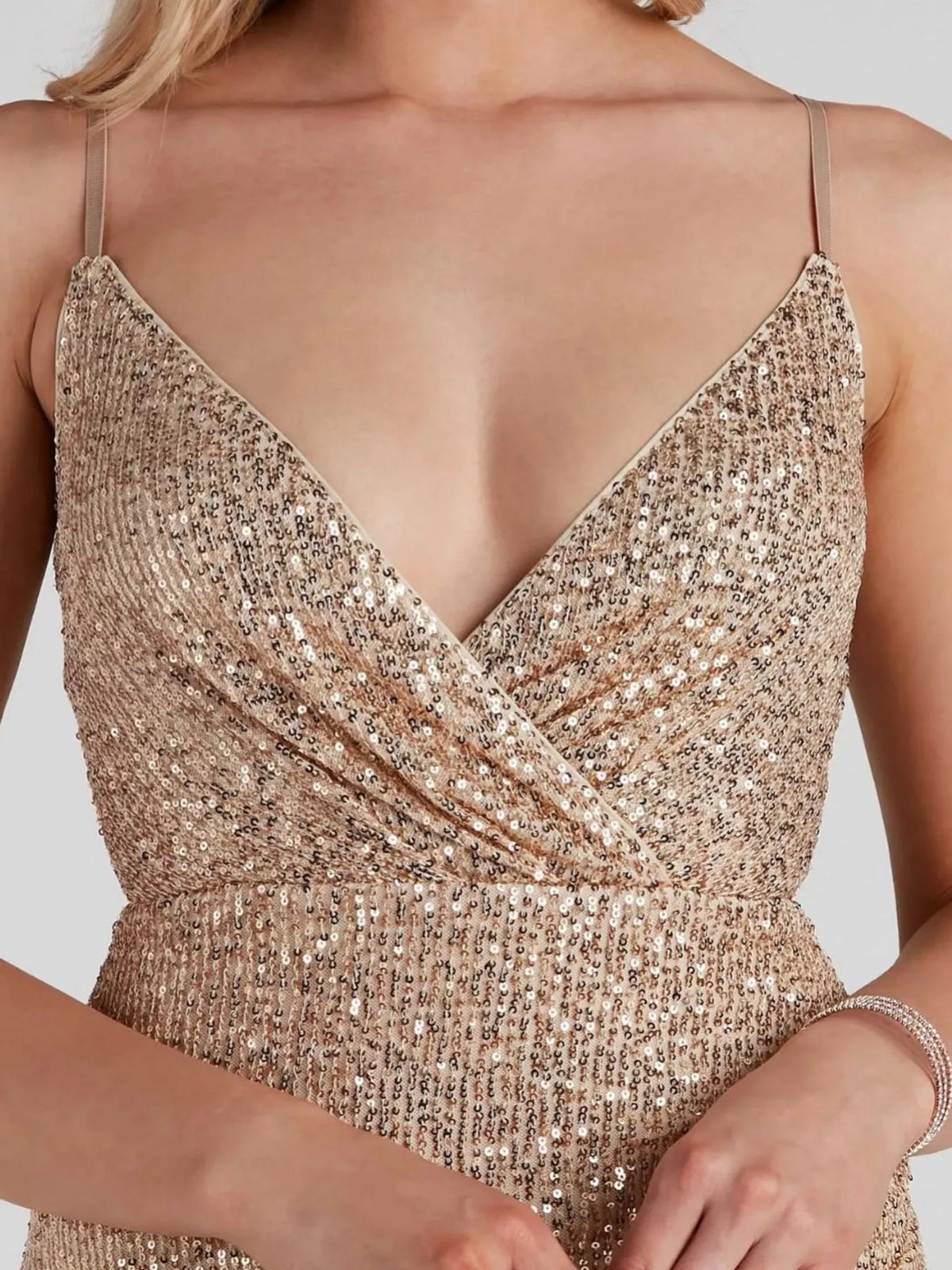 Tinsley Sequin Wrap Mini Dress in Gold, on model
