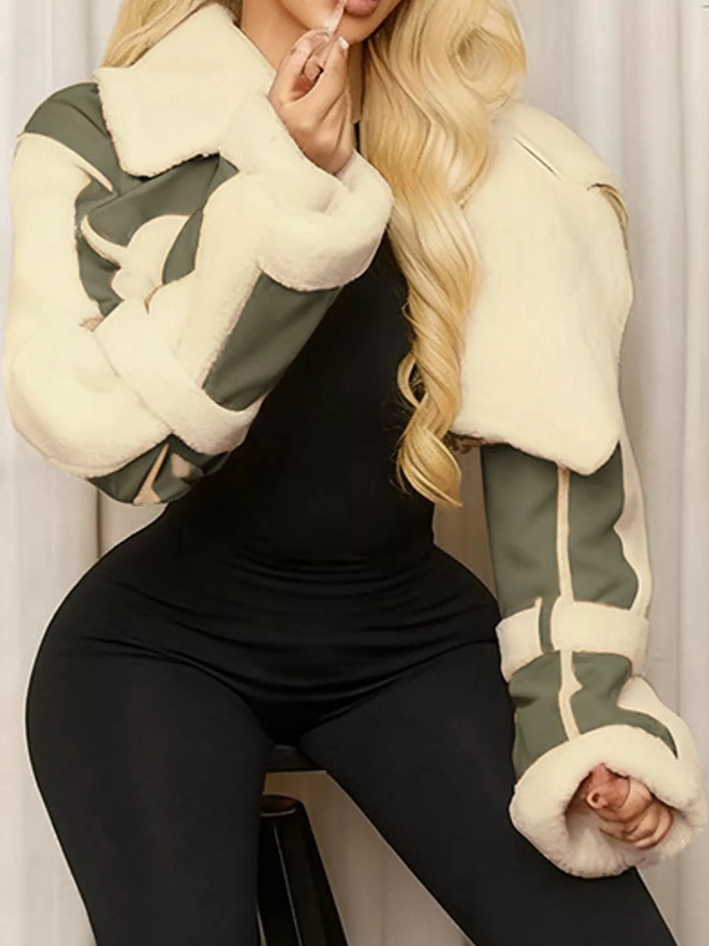 Demi Faux Leather Shearling-Trim Cropped Jacket in Army Green, on model