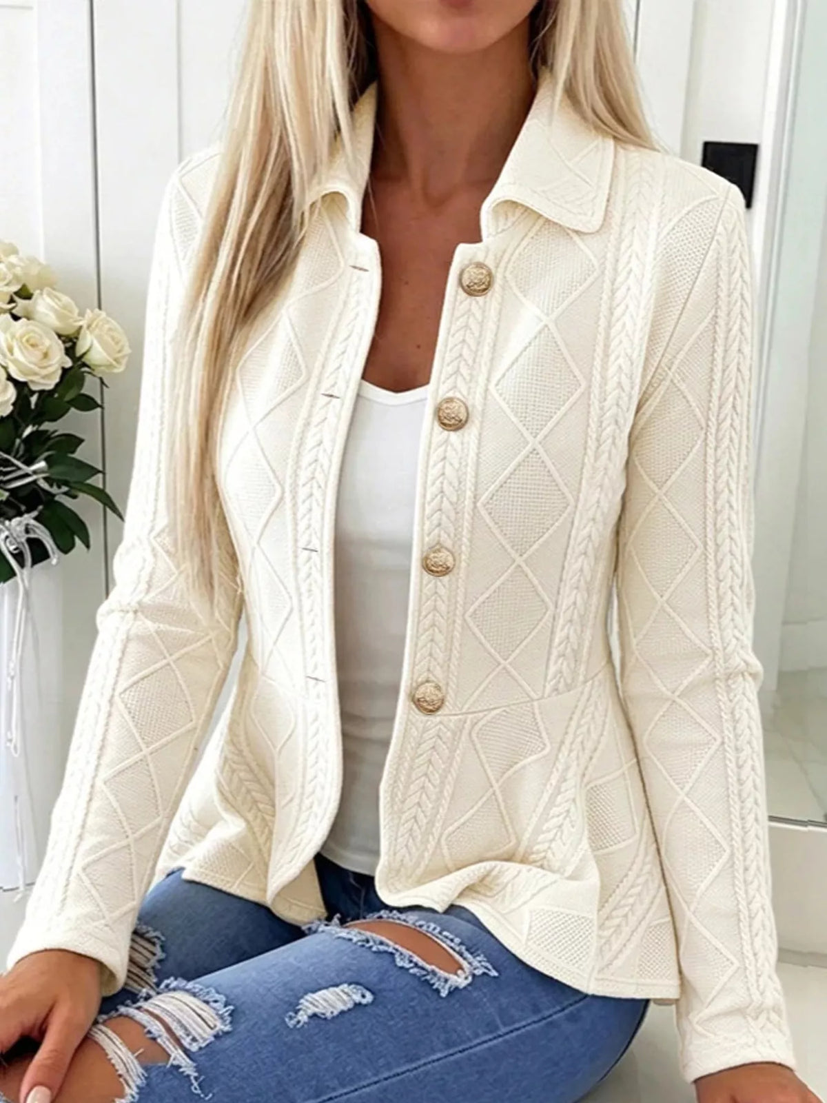 Briar Cable-Knit Peplum Cardigan, on model