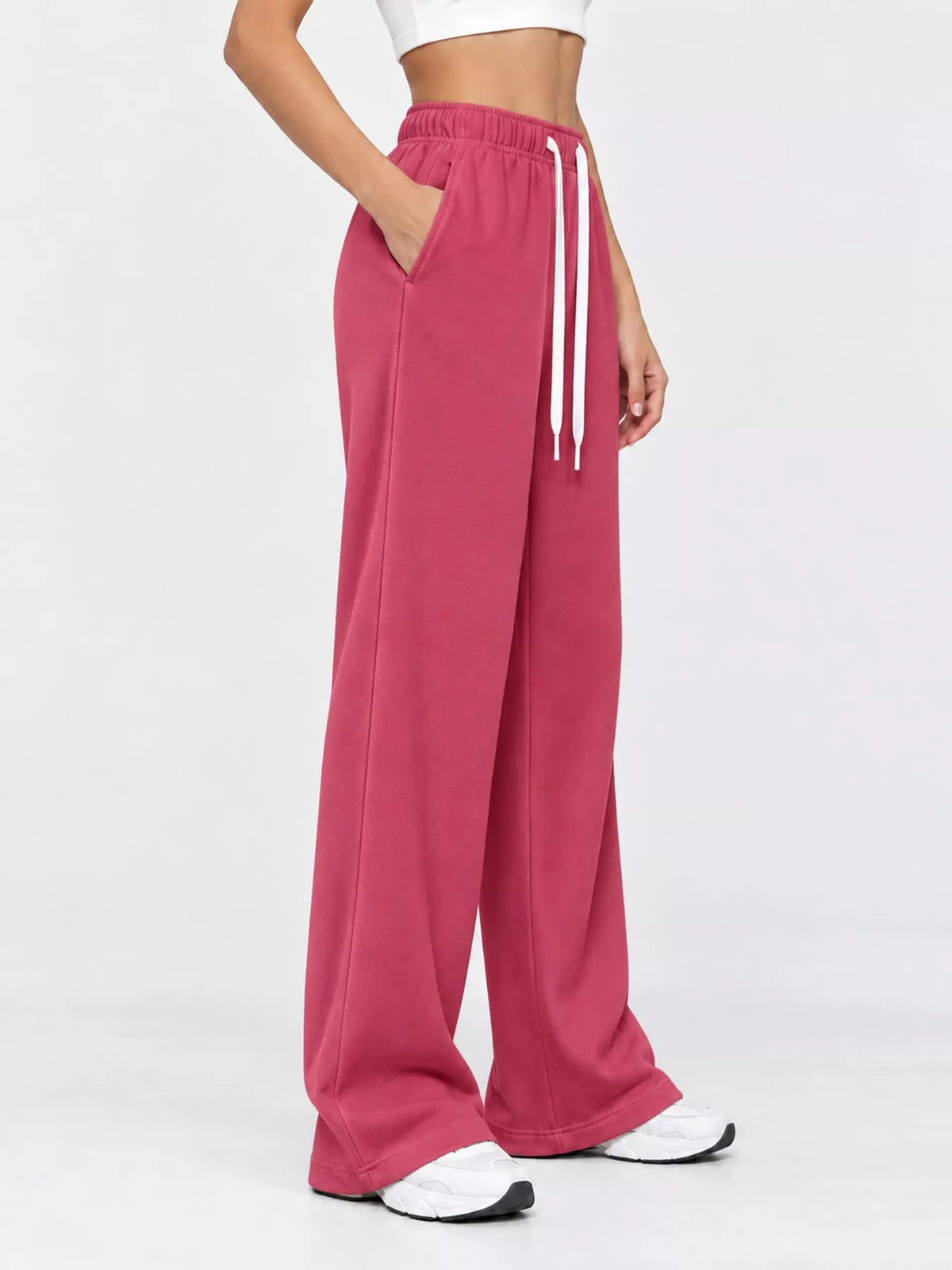 Odessa Drawstring Wide-Leg Sweatpants in Rose Red, on model