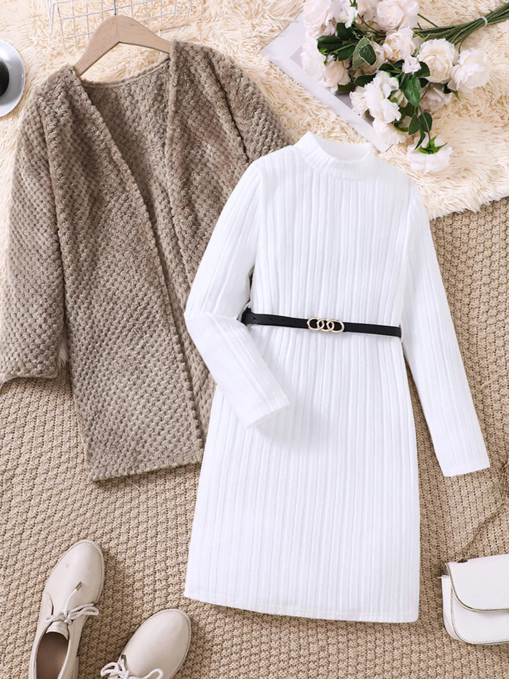 Juniper Khaki Sweater Dress + Cardigan Set, product view