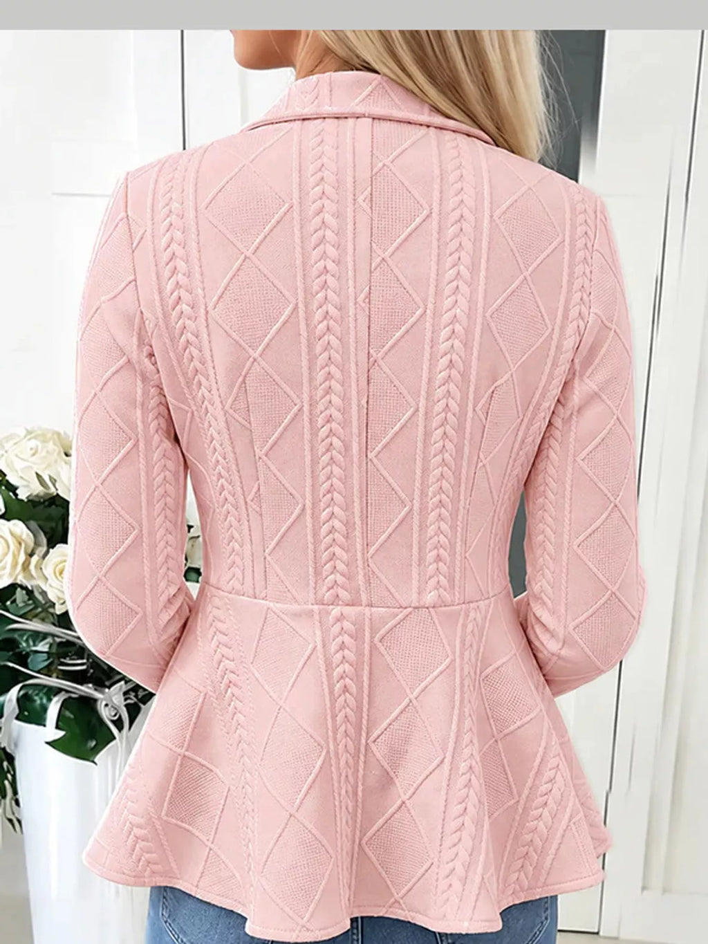 Briar Cable-Knit Peplum Cardigan in Pink, close-up detail
