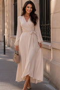 Ines Long-Sleeve Wrap Dress in Beige, on model