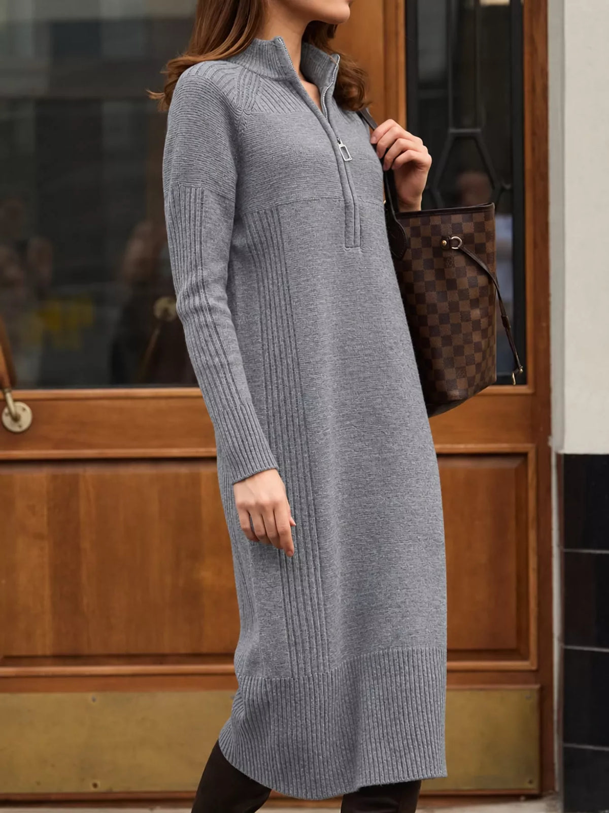 Annelise Half-Zip Ribbed Sweater Maxi Dress in Gray, on model