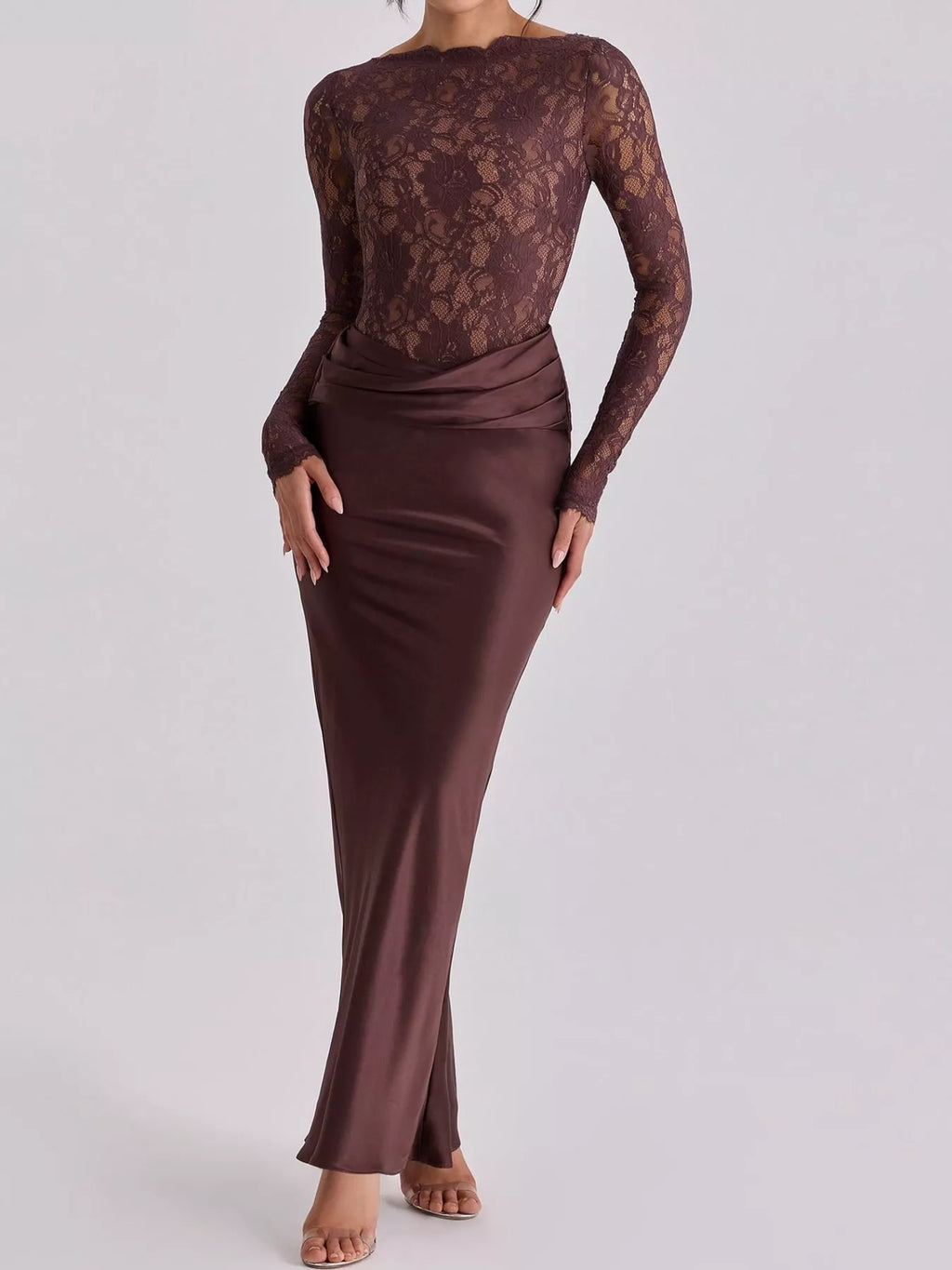 Delphine Lace + Satin Long-Sleeve Maxi Dress in Dark Red, on model