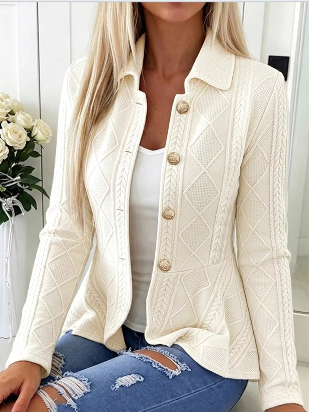 Briar Cable-Knit Peplum Cardigan in White, on model