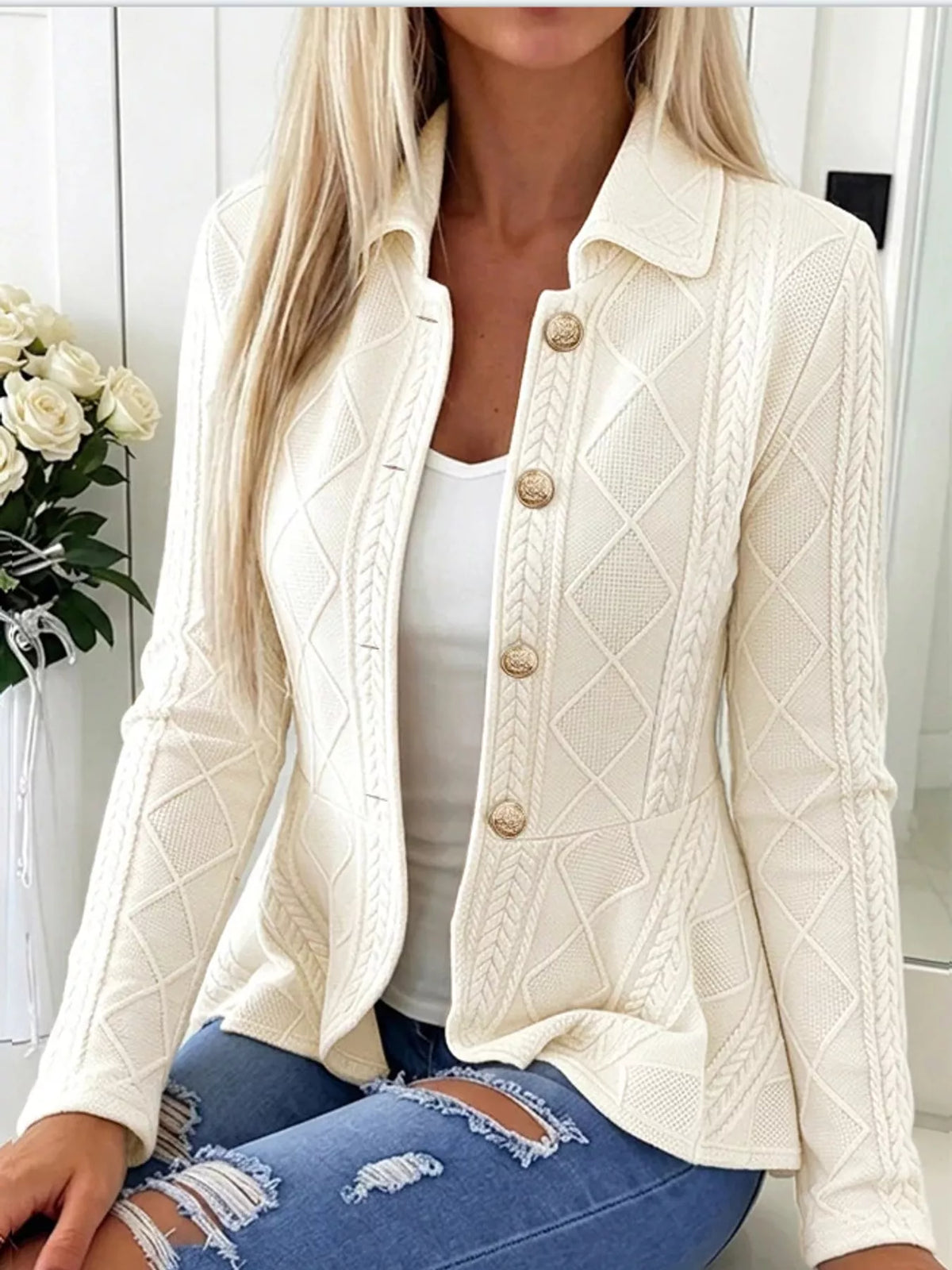 Briar Cable-Knit Peplum Cardigan in White, on model