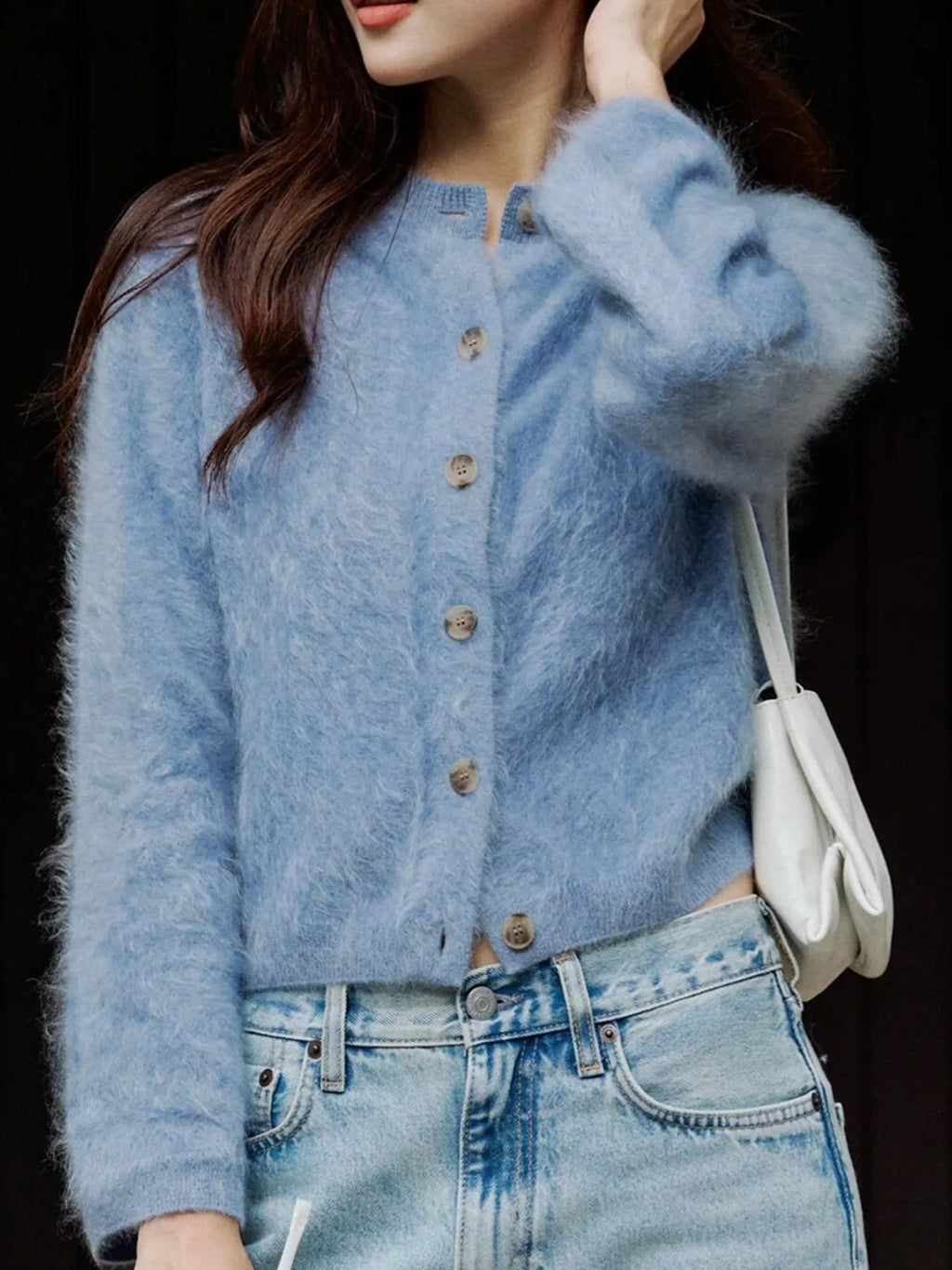 Flora Fuzzy Cropped Button Cardigan in Blue, on model