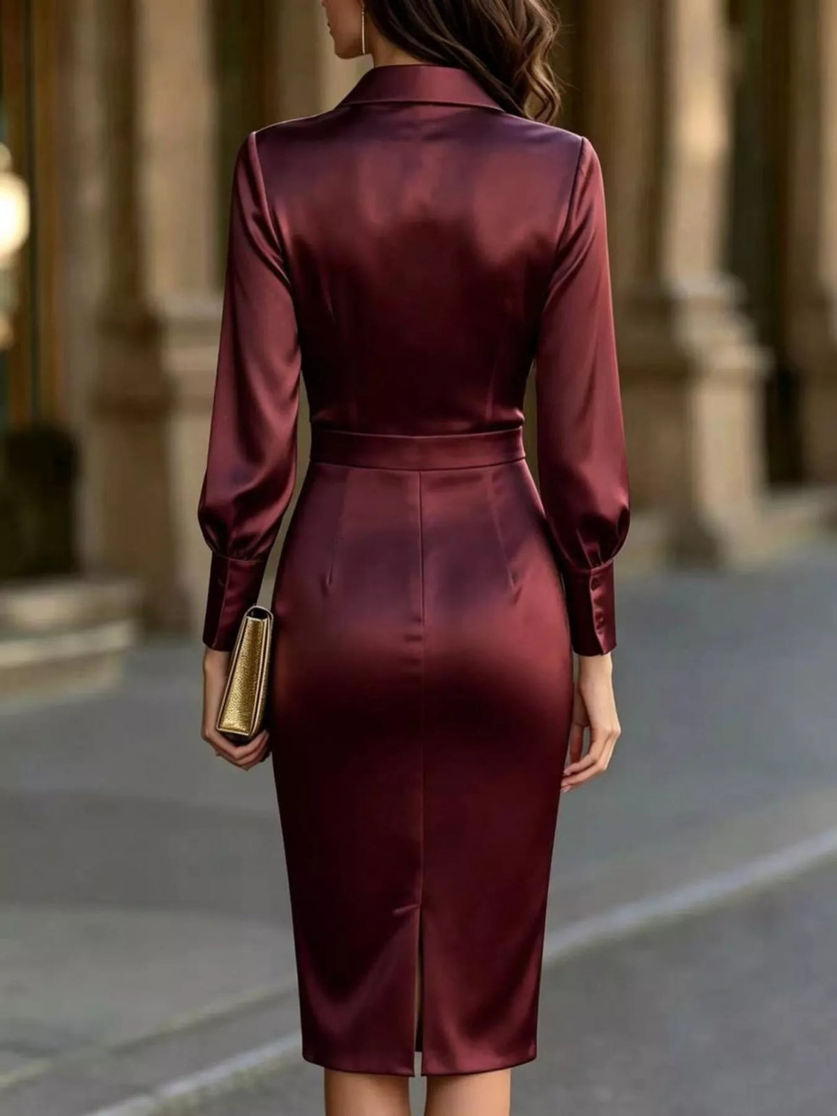 Romy Satin Lantern-Sleeve Midi Dress in Burgundy, on model