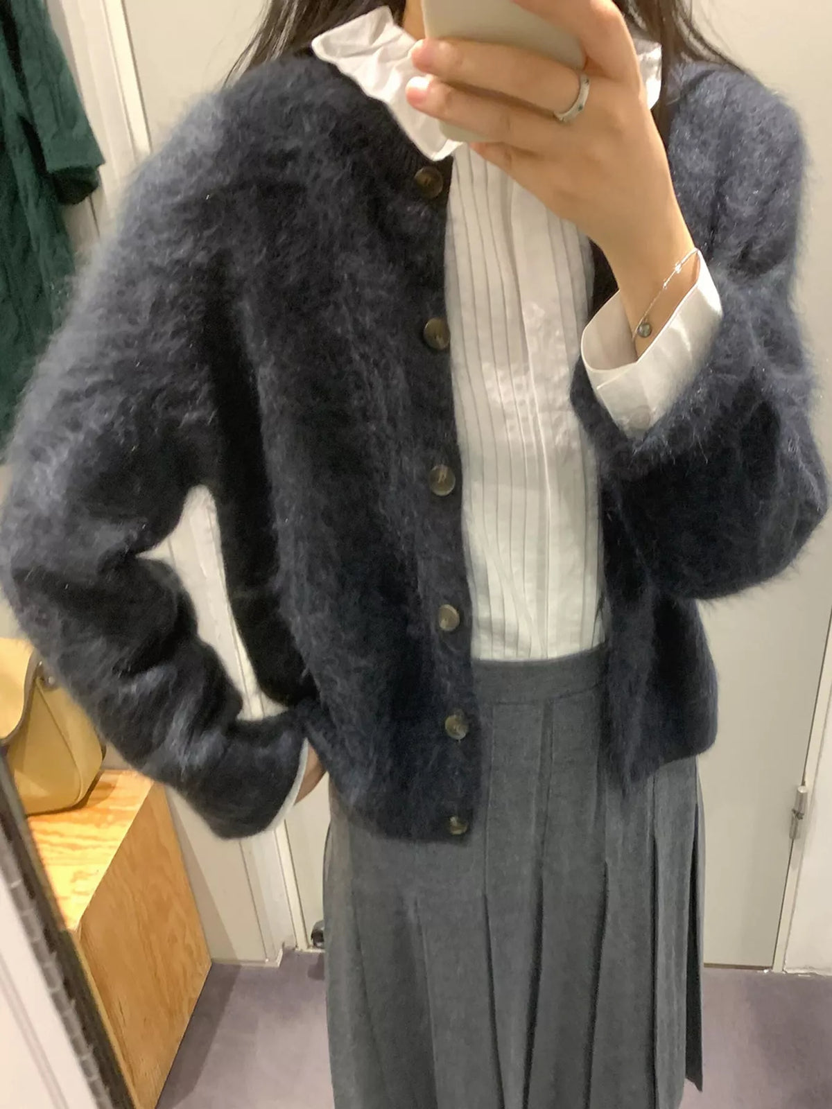 Flora Fuzzy Cropped Button Cardigan, on model