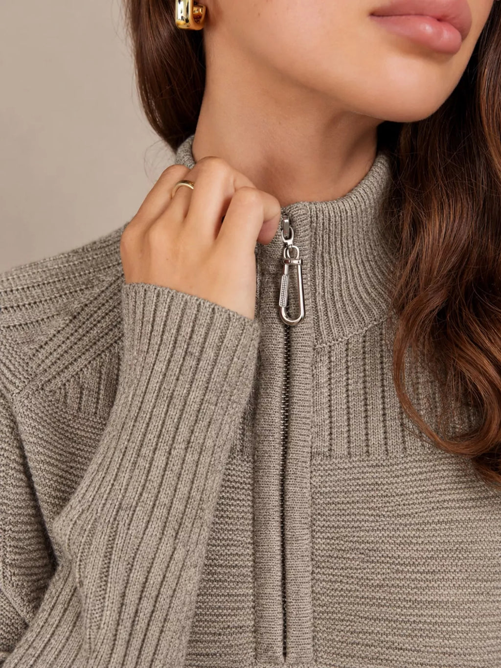Annelise Half-Zip Ribbed Sweater Maxi Dress in Oatmeal, close-up detail