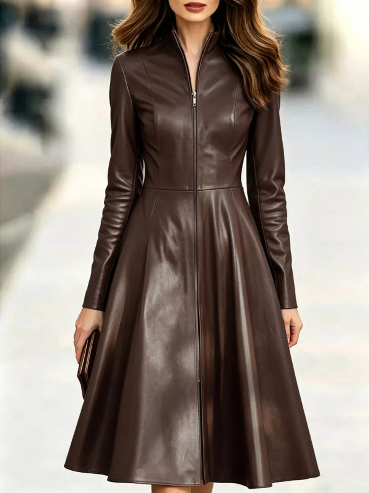 Tamsin Faux Leather Zip-Front Midi Dress in Chocolate, on model