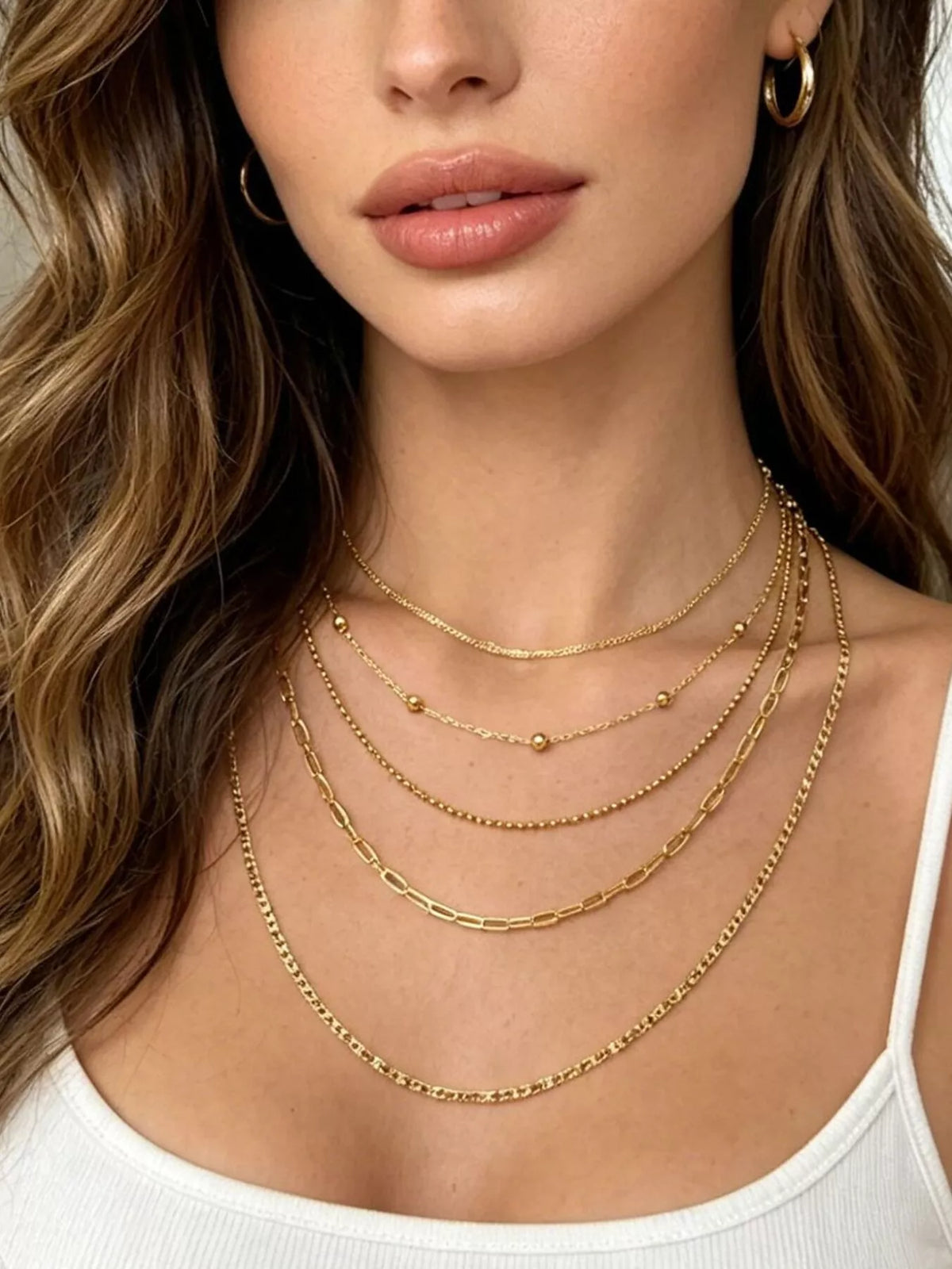 Lune Five-Layer Gold Chain Necklace - front view on model