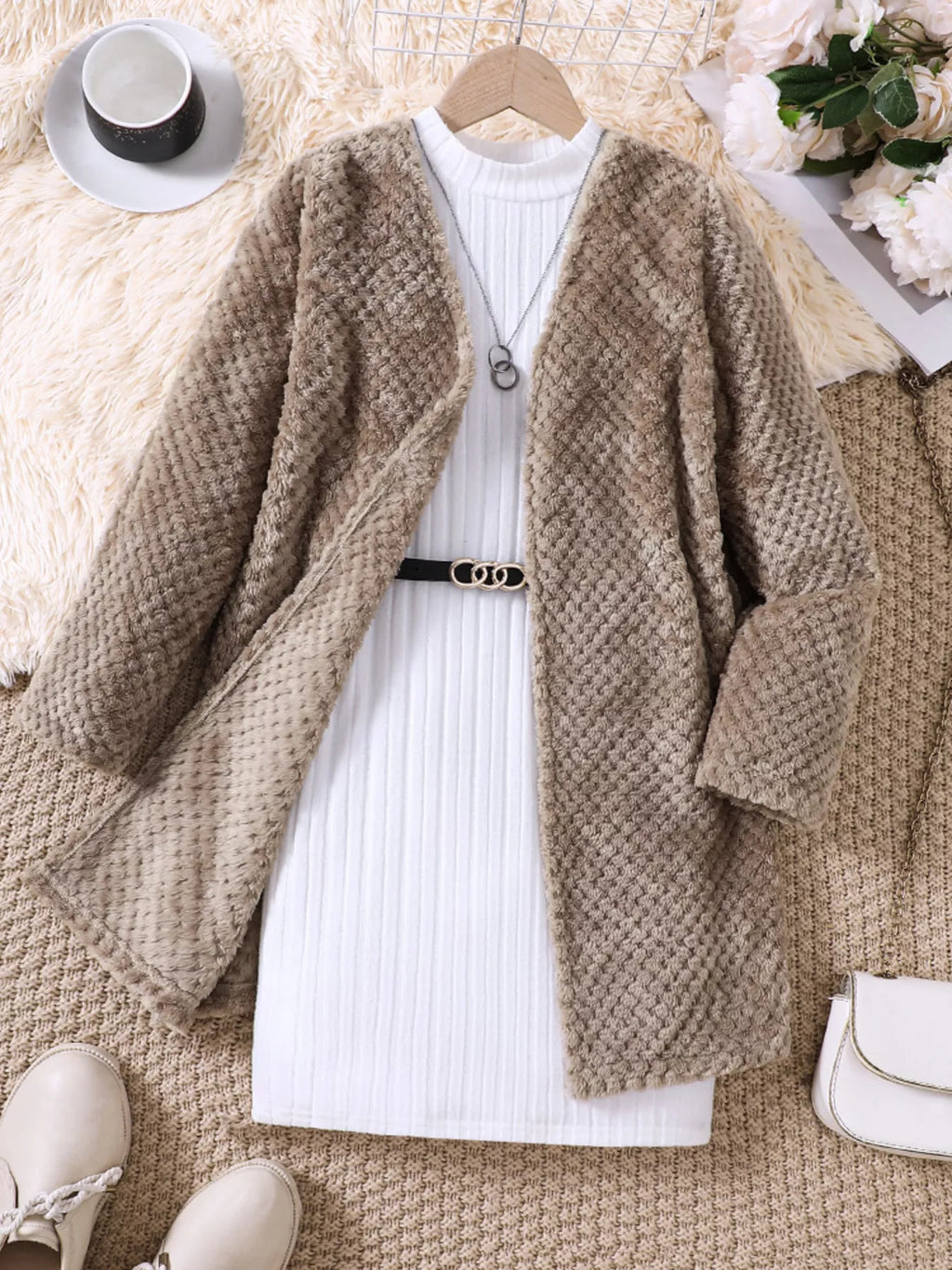 Juniper Khaki Sweater Dress + Cardigan Set, on model