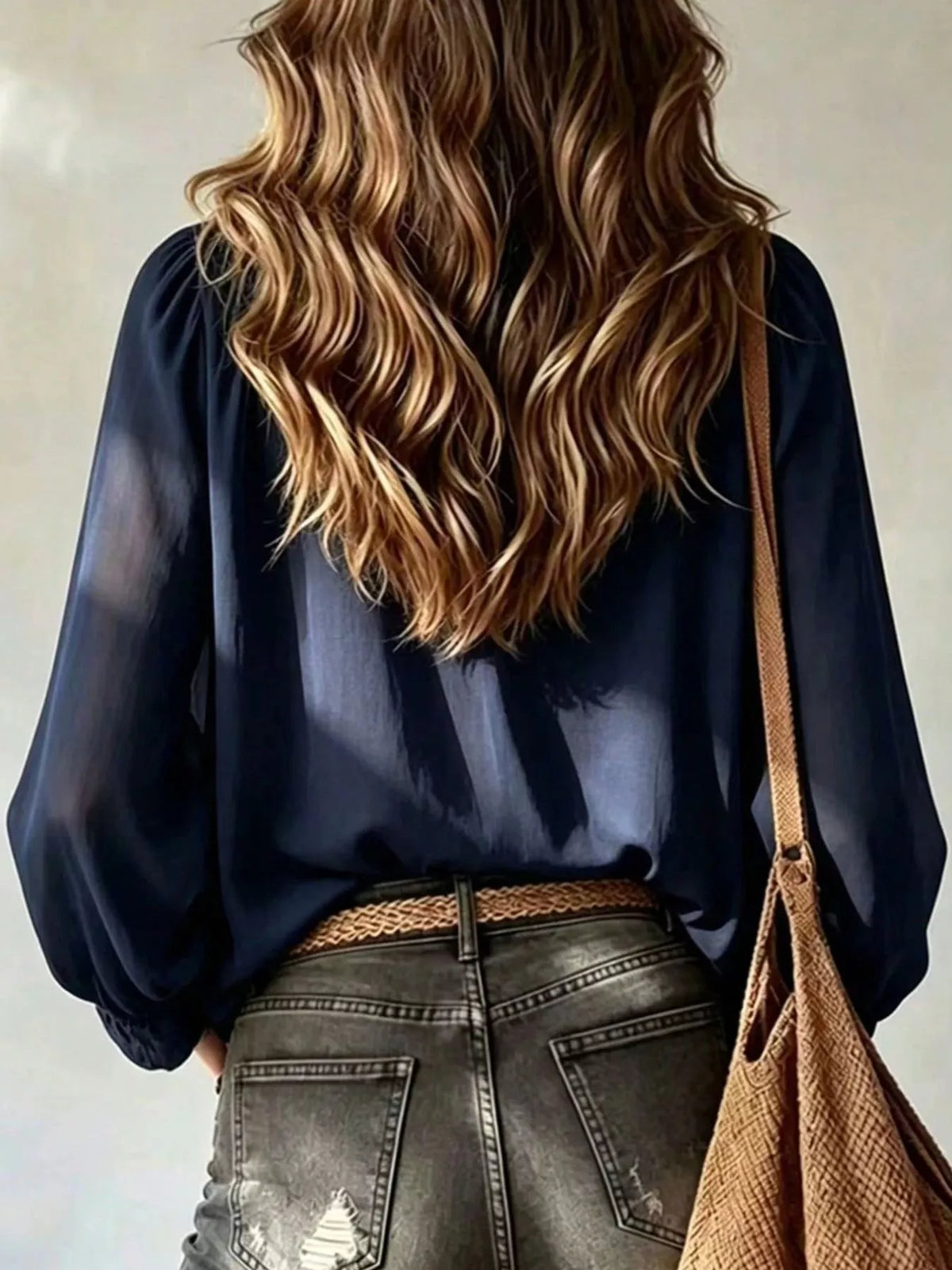 Hollis Ruffled Tie-Front Blouse in Dark Blue, on model