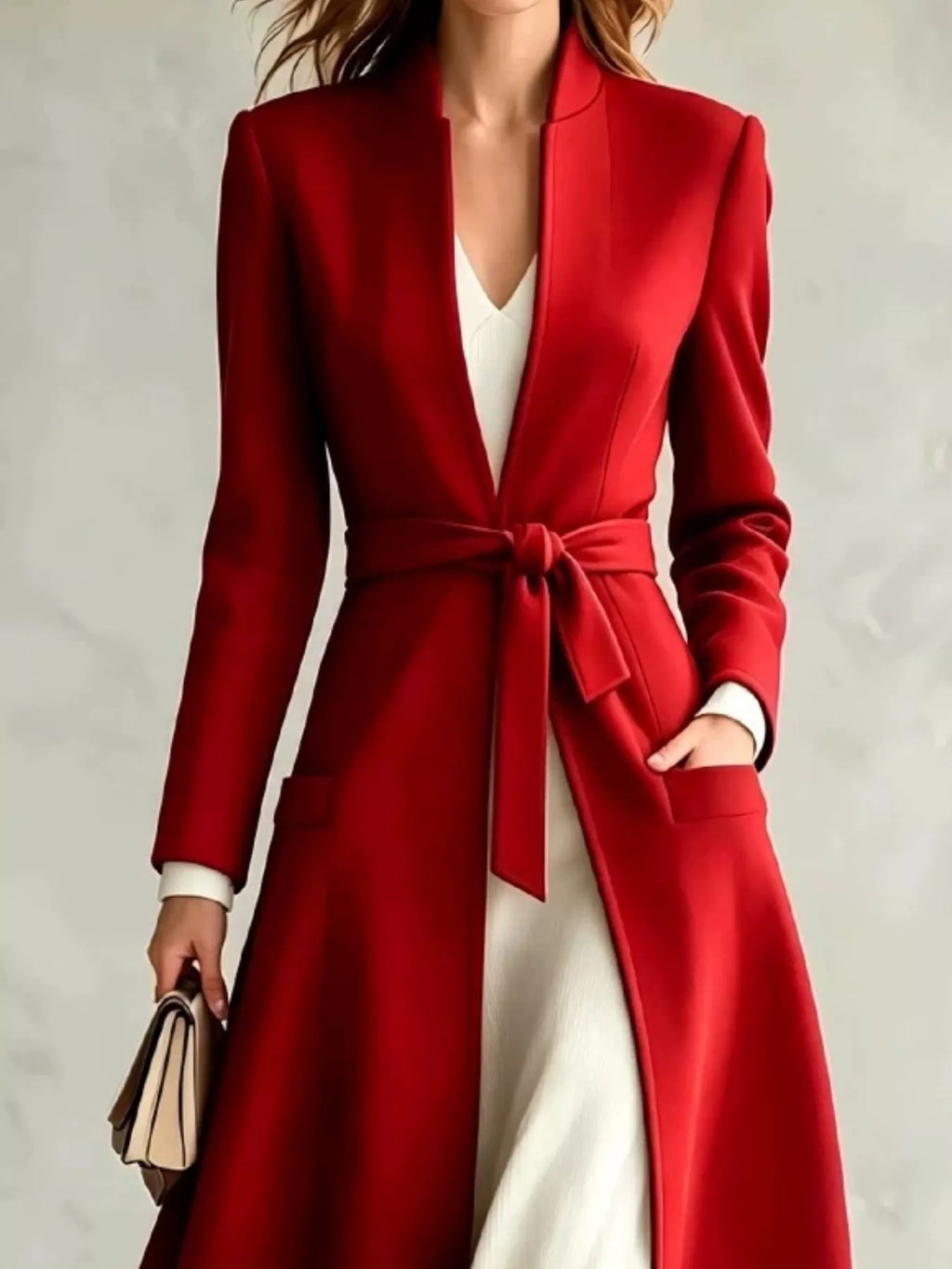 Fiora Tie-Waist Long Coat in Red, on model