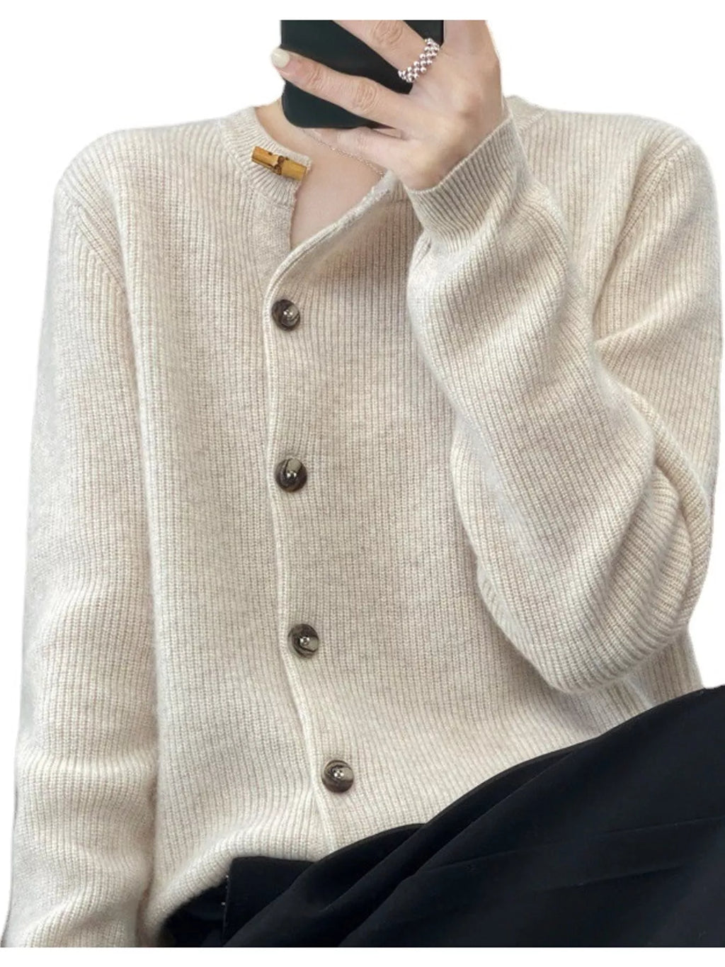 Nell Asymmetric Button Ribbed Cardigan in Pearl Barley, on model