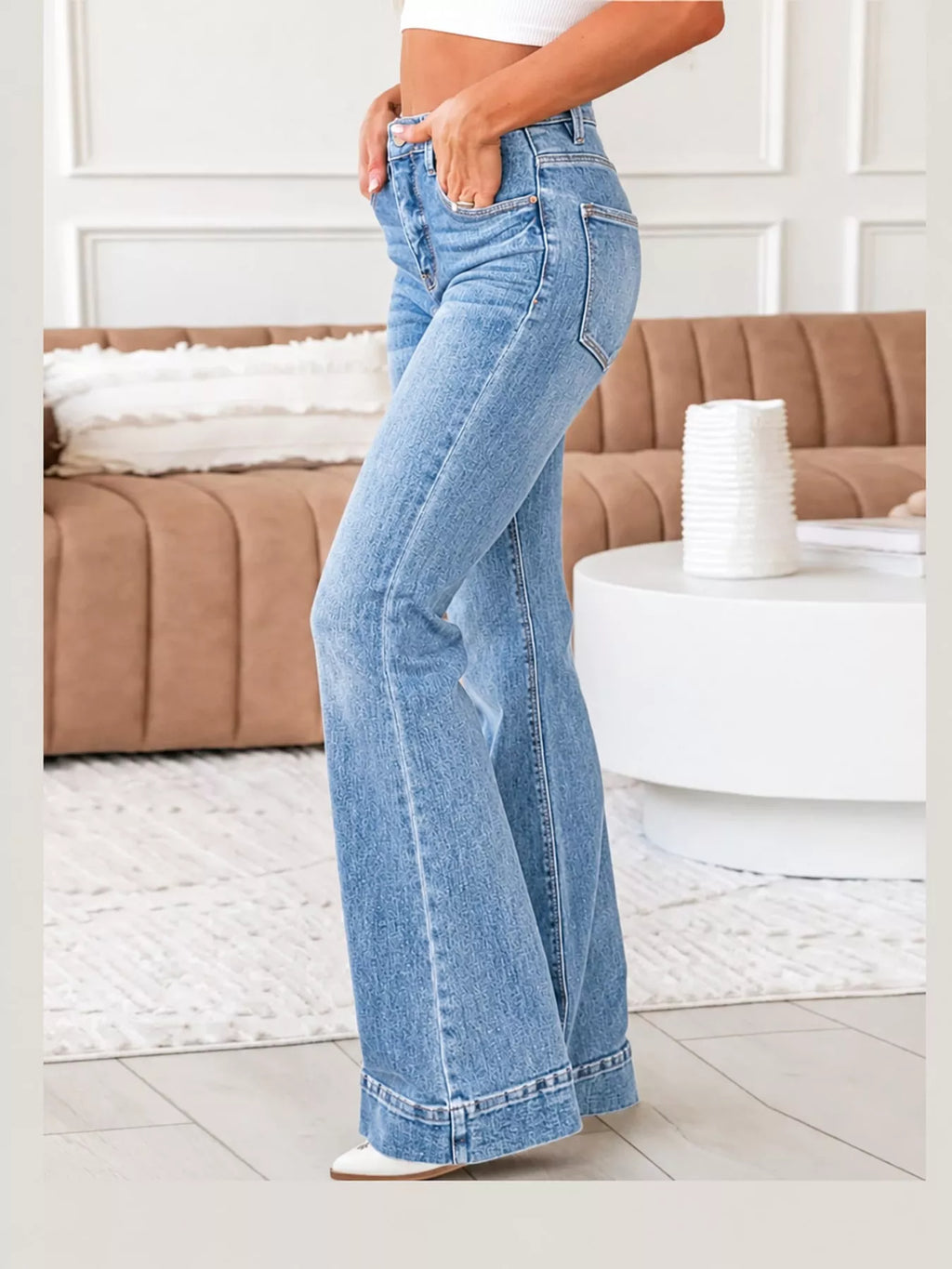 Cleo High-Rise Flare Jeans in Light Blue, on model