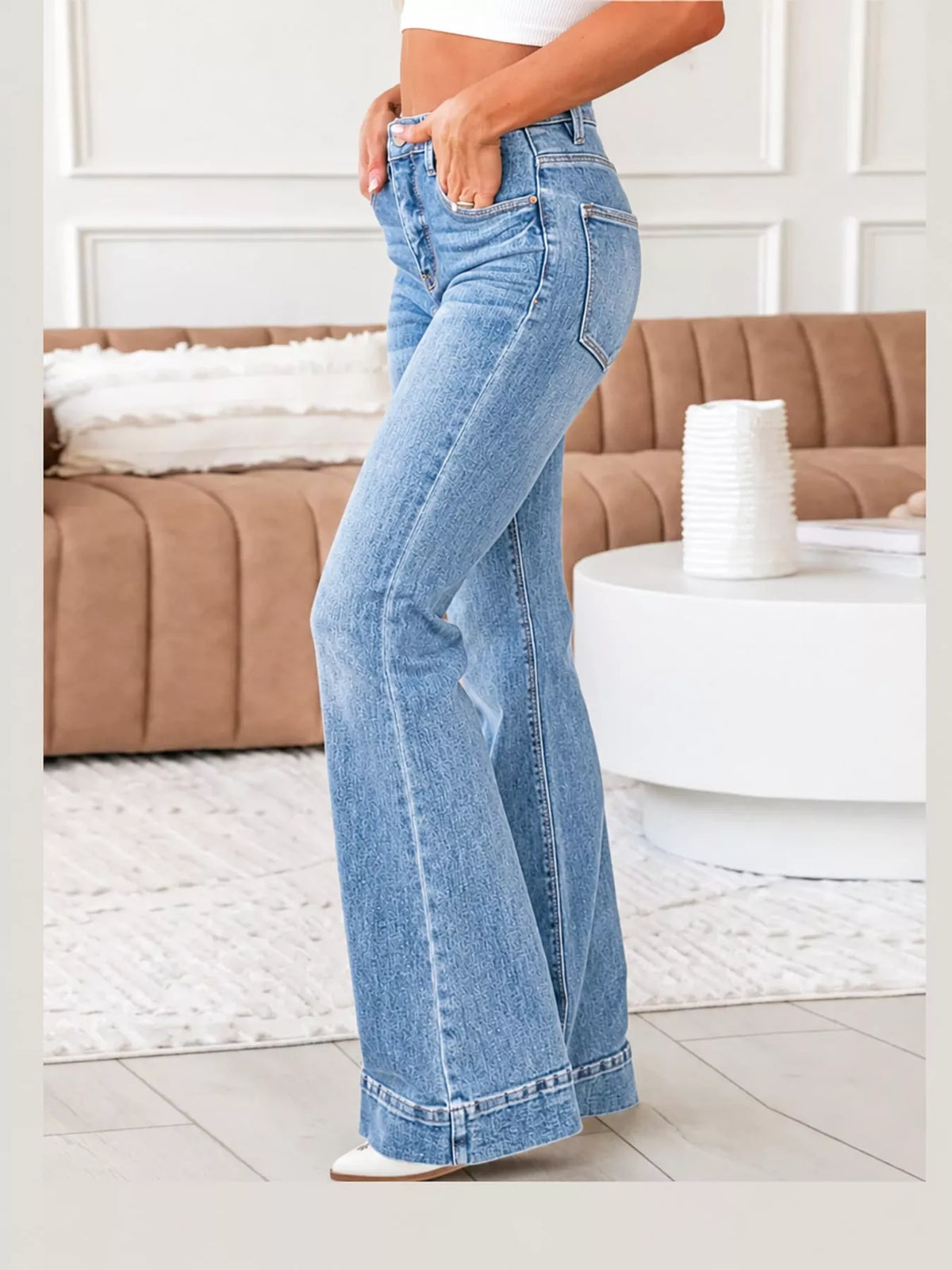 Cleo High-Rise Flare Jeans in Light Blue, on model